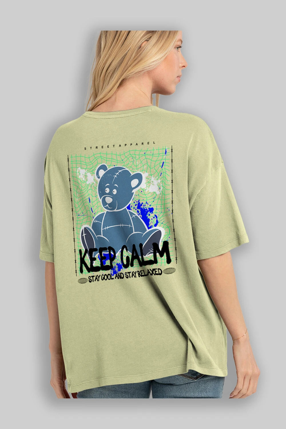 Keep Calm Bear Arka Baskılı Oversize t-shirt Erkek Kadın Unisex