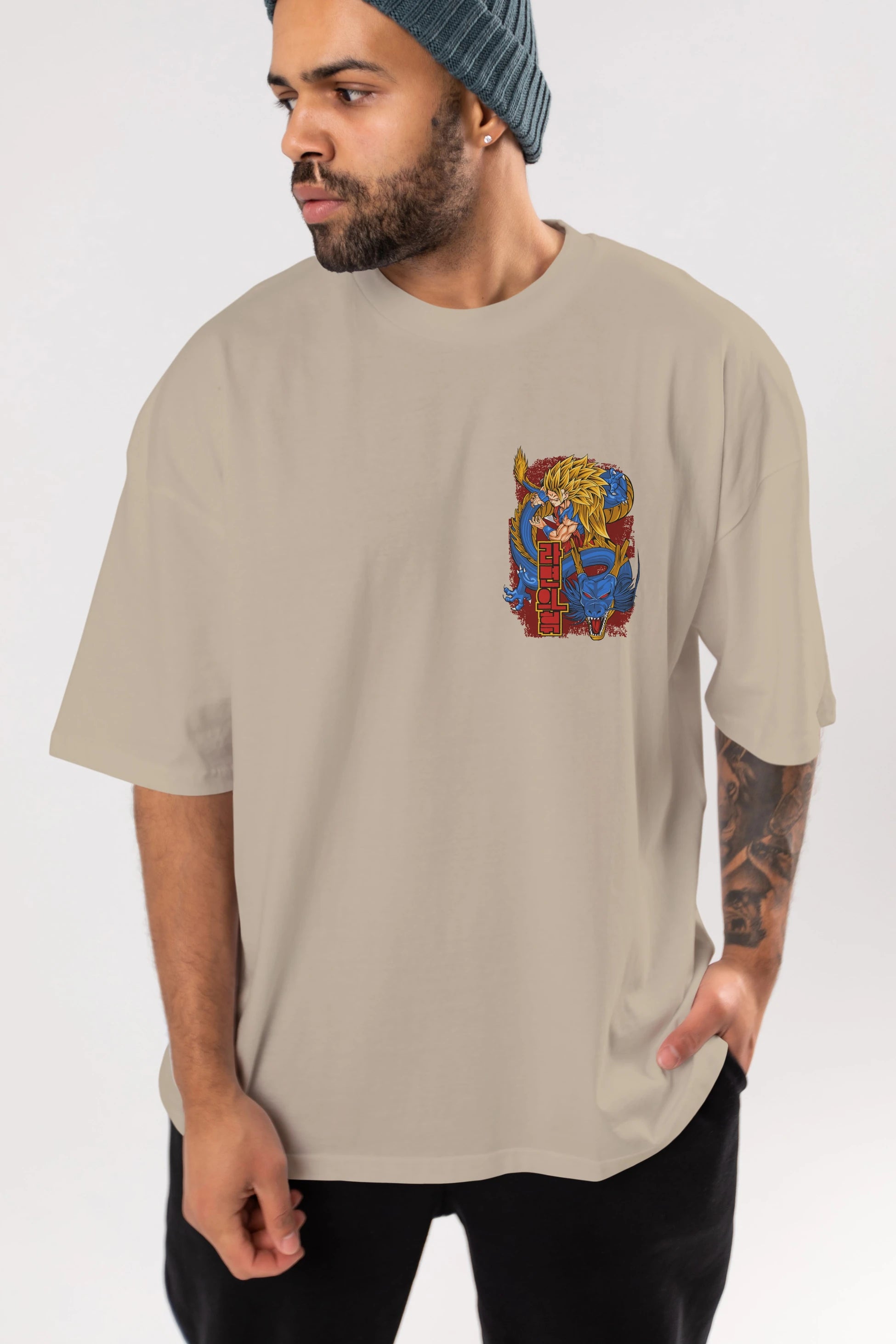 DRAGON BALL Z Ön Sol Baskılı Oversize t-shirt Erkek Kadın Unisex %100 Pamuk Bisiklet Yaka tişort