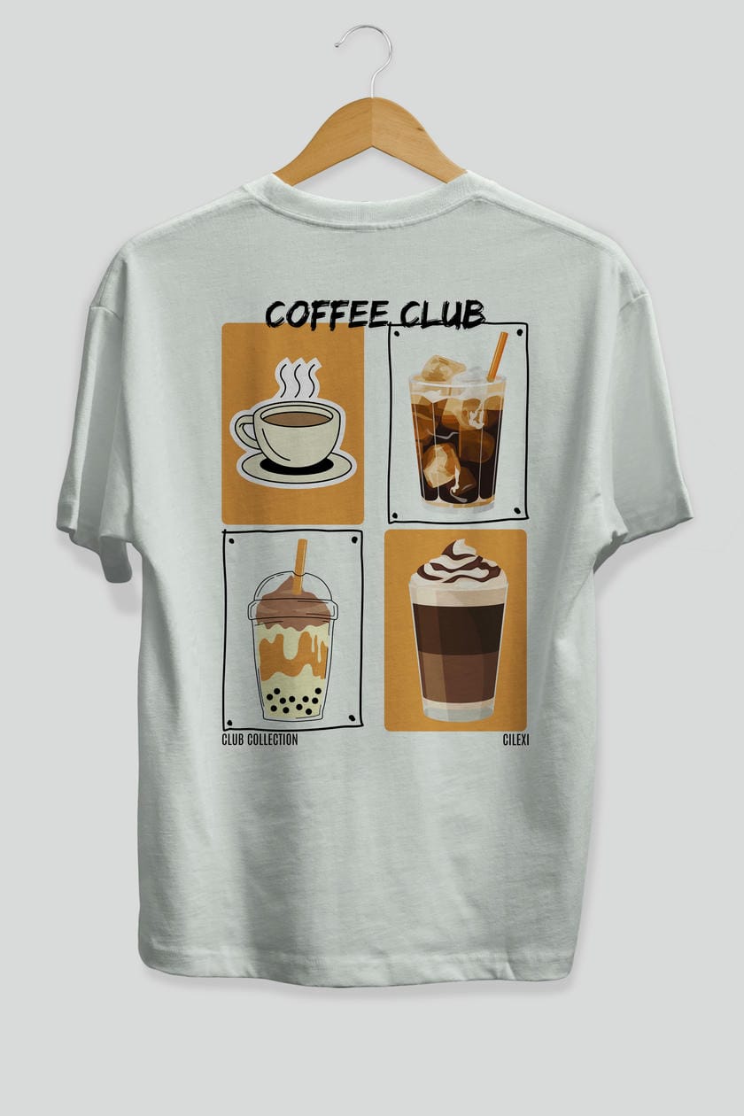 Coffee Club Arka Baskılı Oversize t-shirt Erkek Kadın %100 Pamuk Bisiklet Yaka tişort