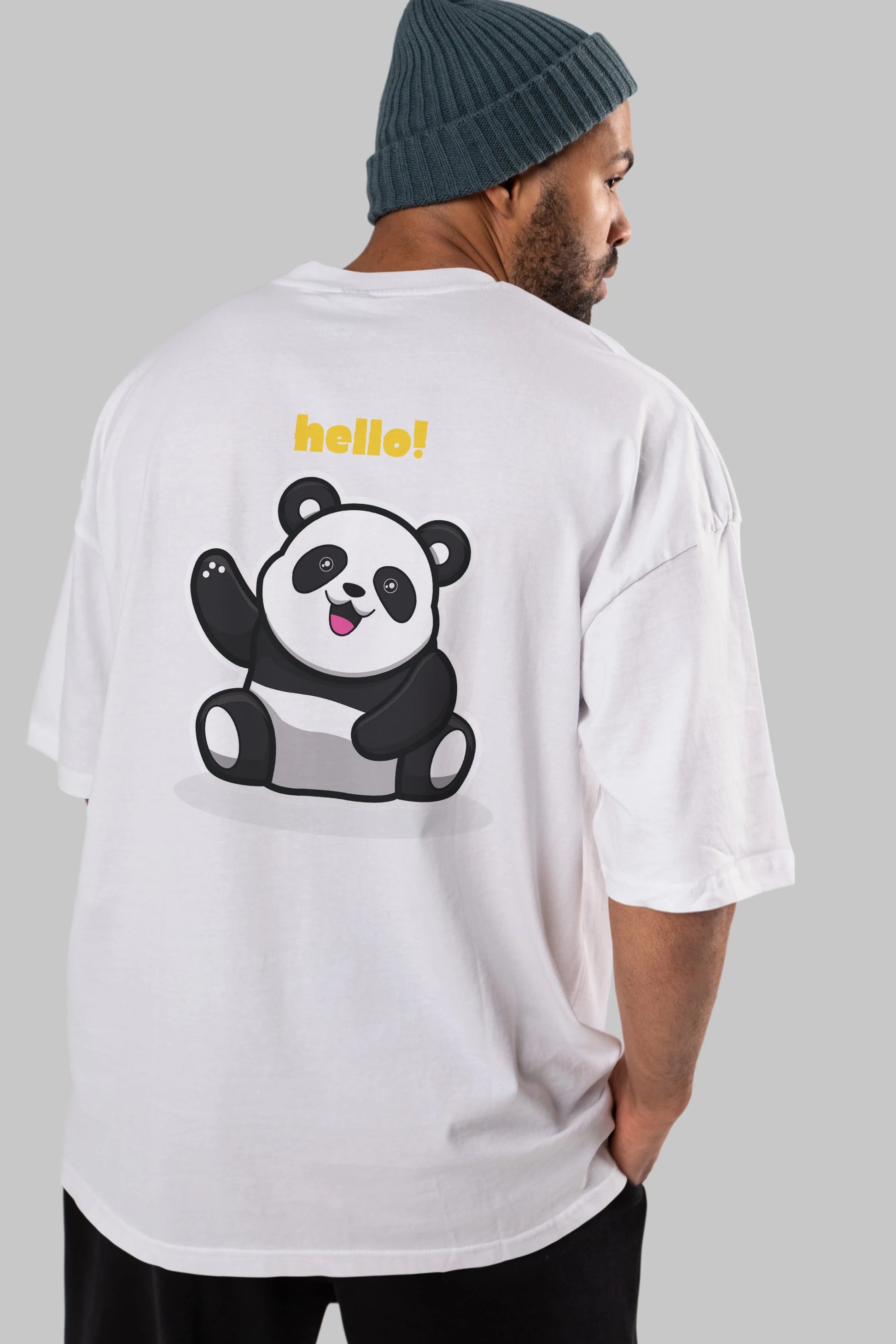 Hello Panda Arka Baskılı Oversize t-shirt Erkek Kadın Unisex