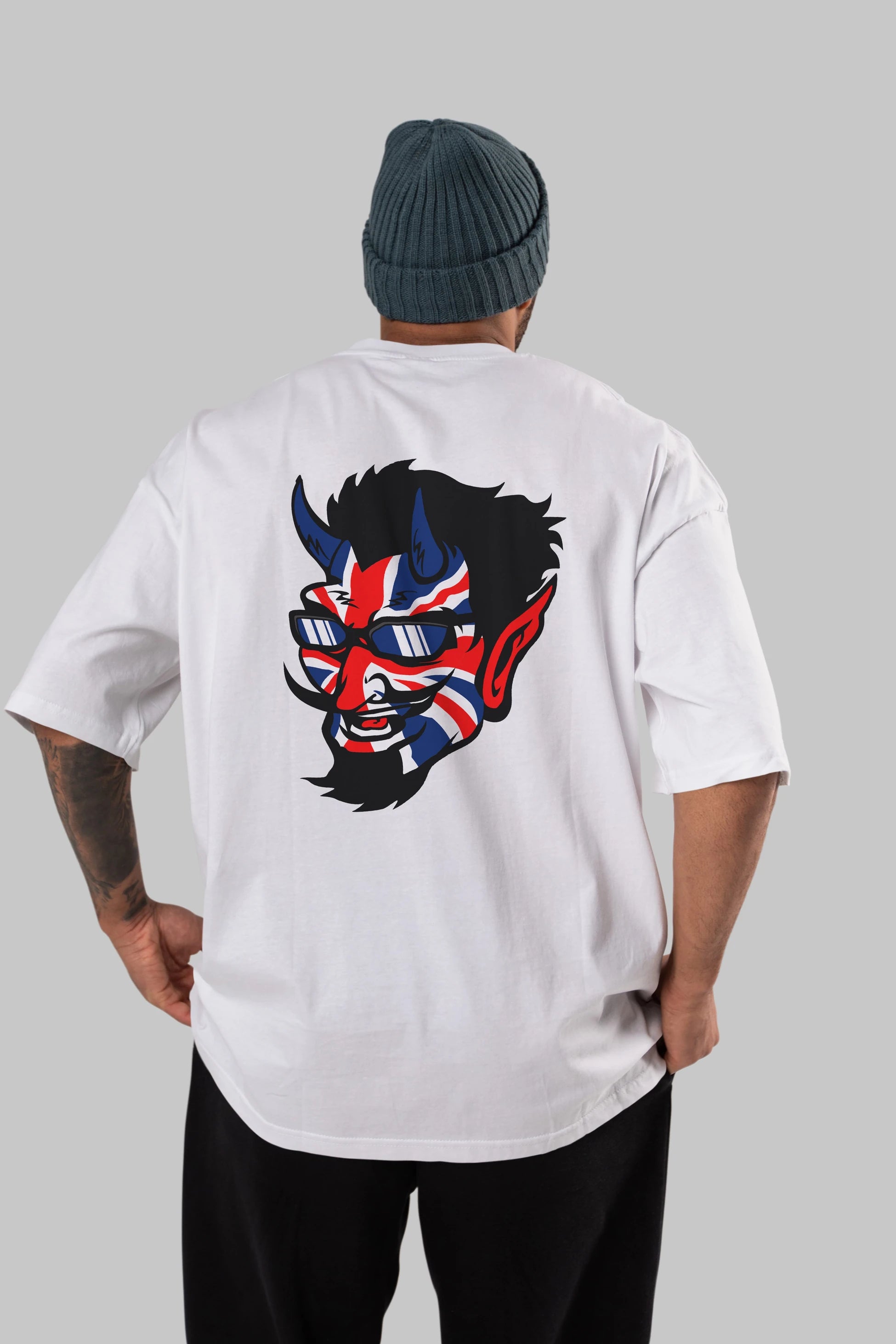UK Devil Arka Baskılı Oversize t-shirt Erkek Kadın Unisex %100 Pamuk tişort