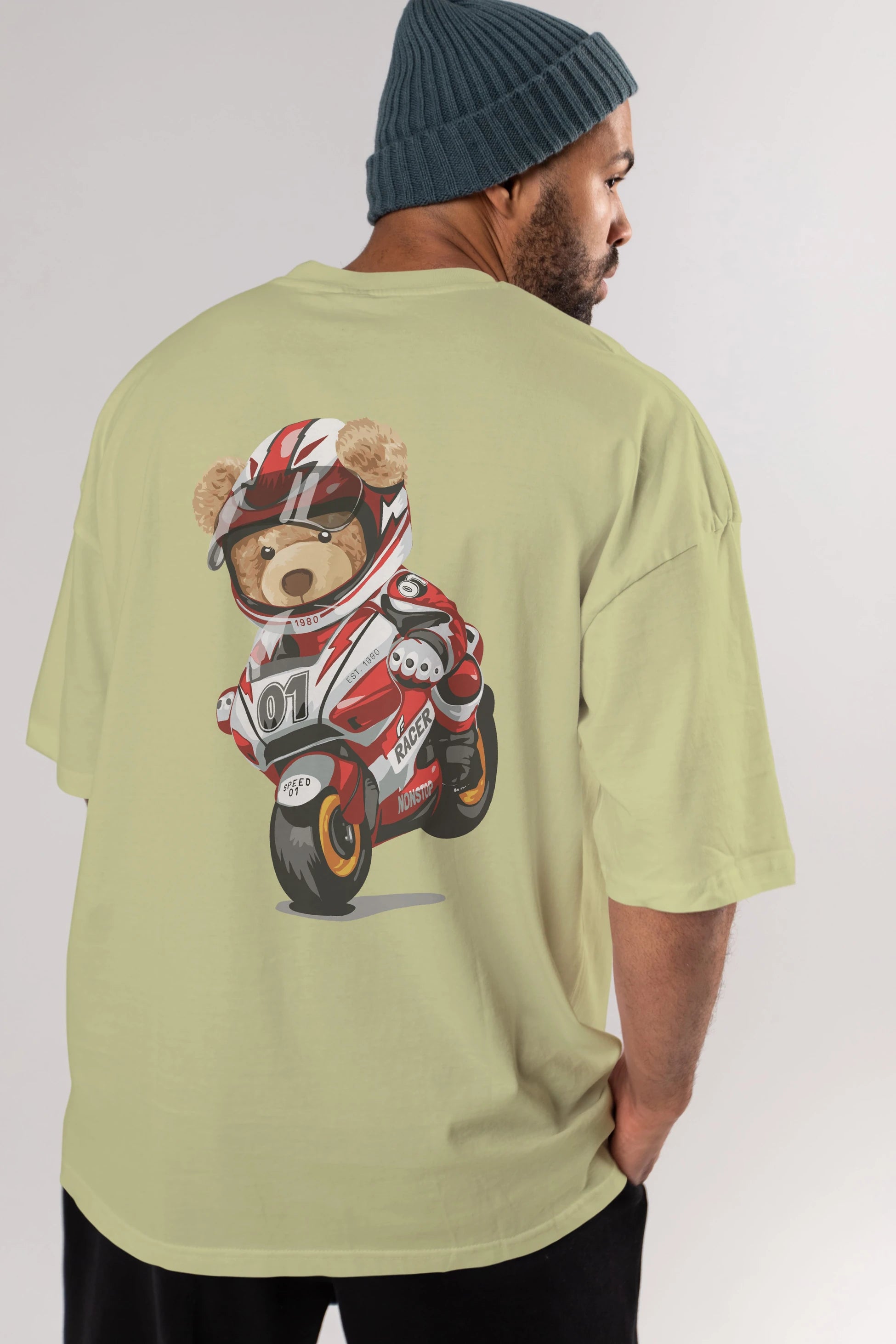 Teddy Bear Racer Arka Baskılı Oversize t-shirt Erkek Kadın Unisex %100 Pamuk