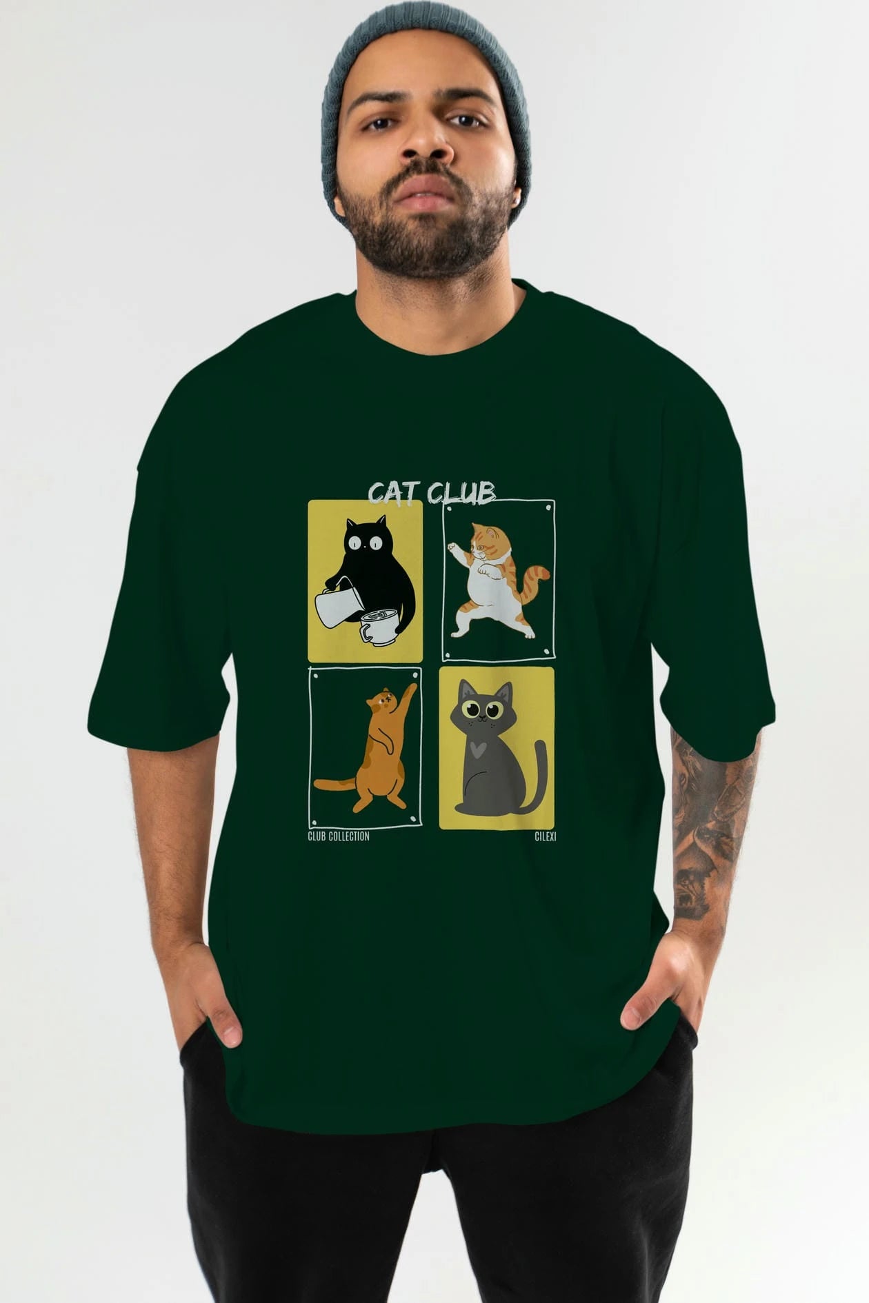 Cat Club ön Baskılı Oversize t-shirt Erkek Kadın %100 Pamuk Bisiklet Yaka tişort