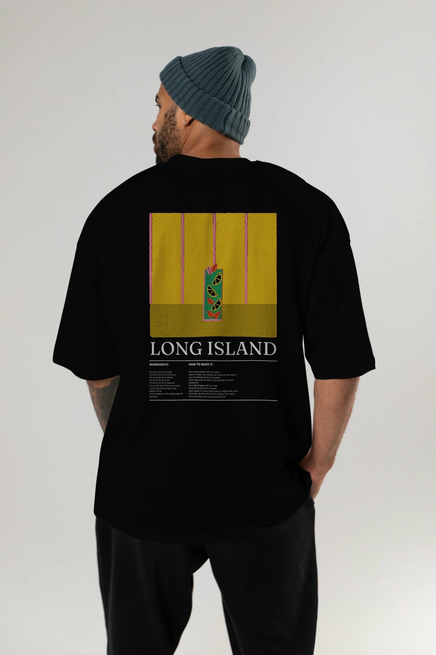 Long Island Kokteyl Serisi Arka Baskılı Oversize t-shirt Erkek Kadın %100 Pamuk Bisiklet Yaka tişort