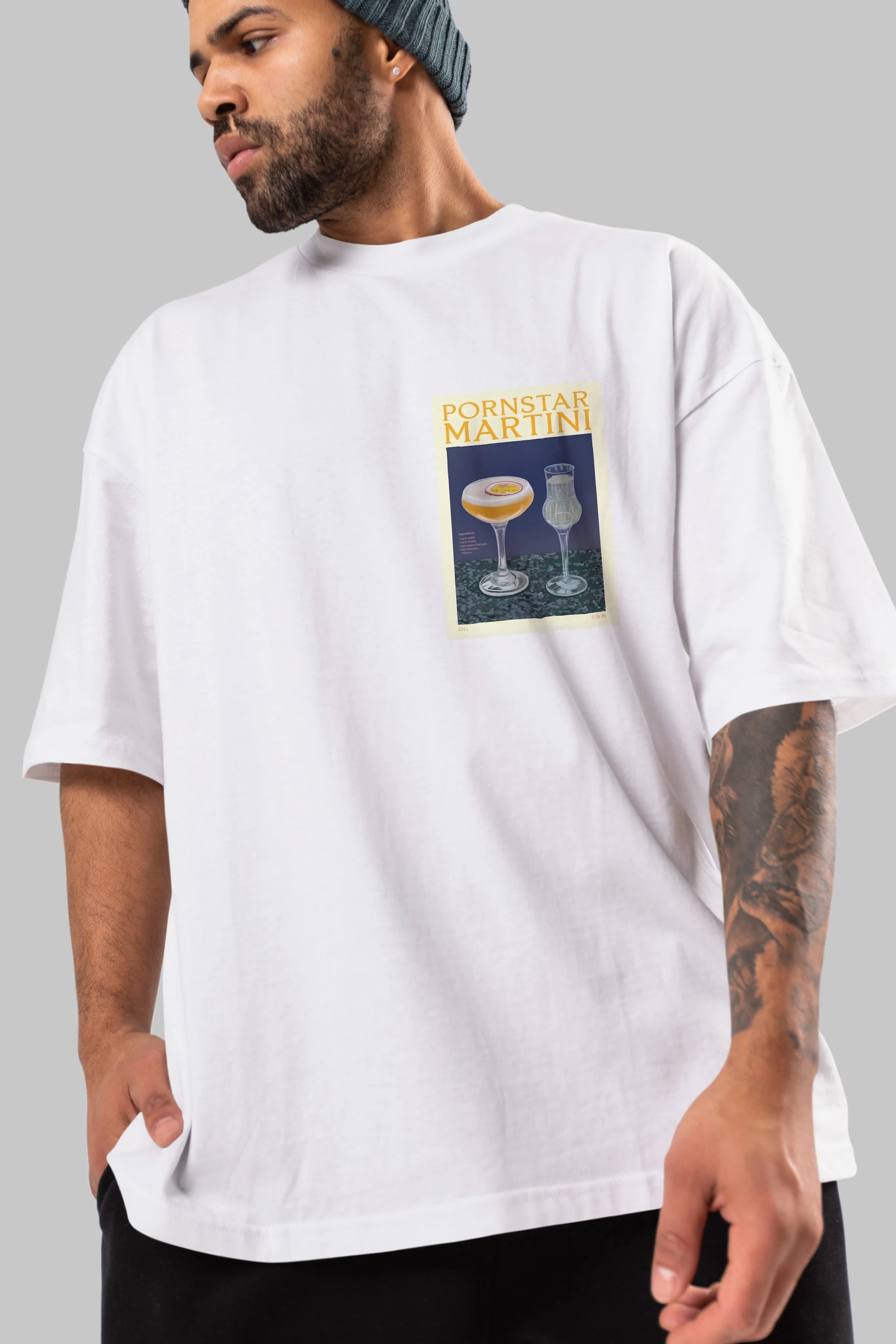 P.rnstar Martini Ön Sol Baskılı Oversize t-shirt Erkek Kadın Unisex %100 Pamuk Bisiklet Yaka tişort