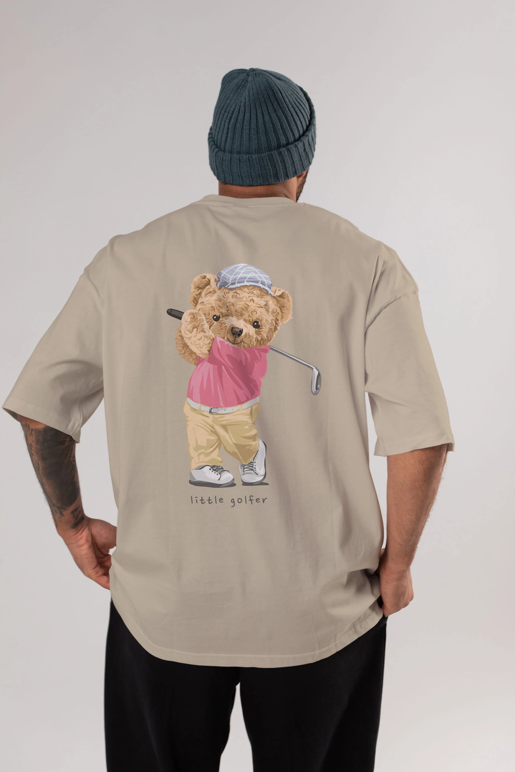 Teddy Bear Little Golfer Arka Baskılı Oversize t-shirt Erkek Kadın Unisex %100 Pamuk