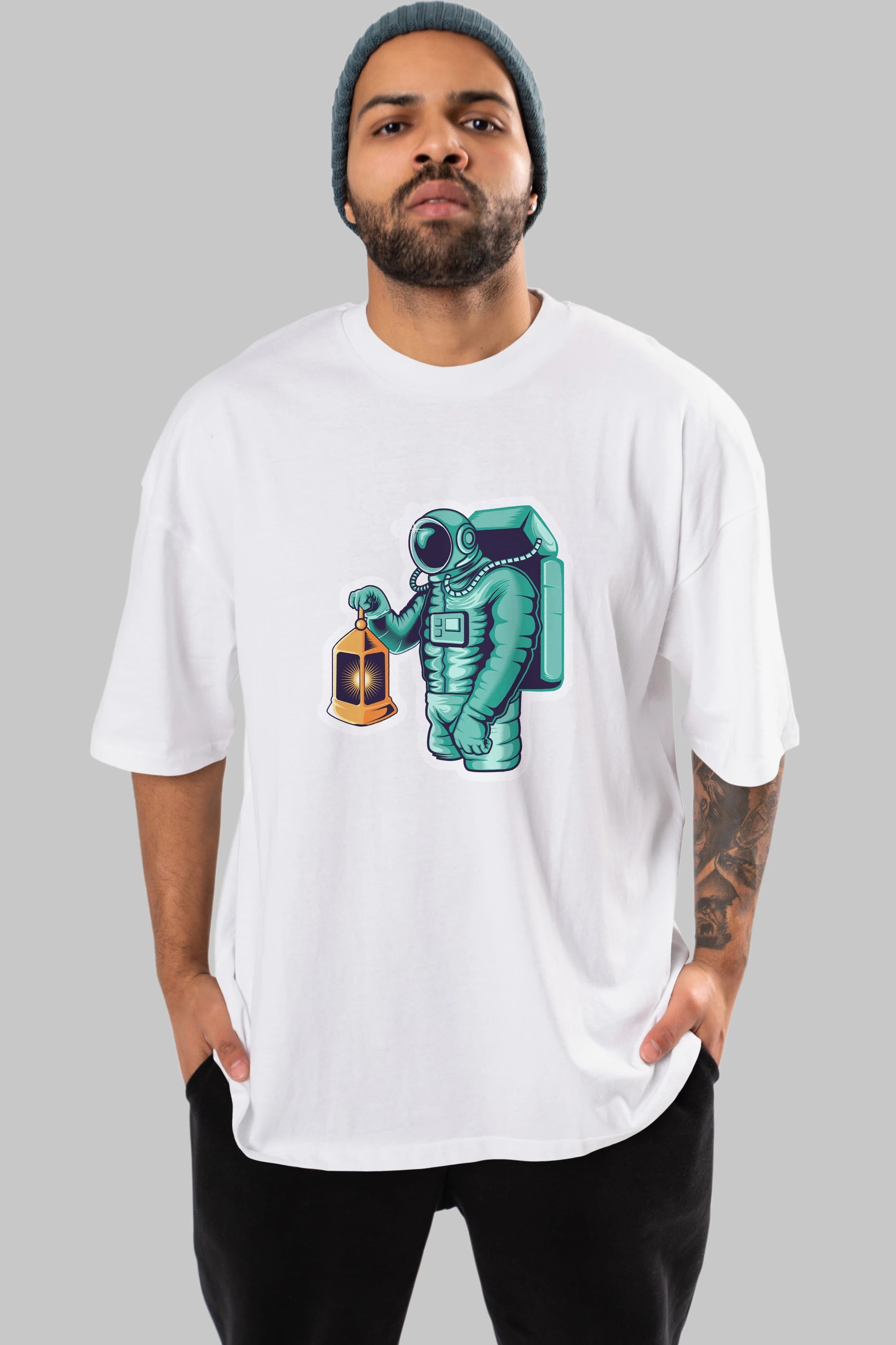 Astronaut Lantern Sticker Ön Baskılı Oversize t-shirt Erkek Kadın Unisex