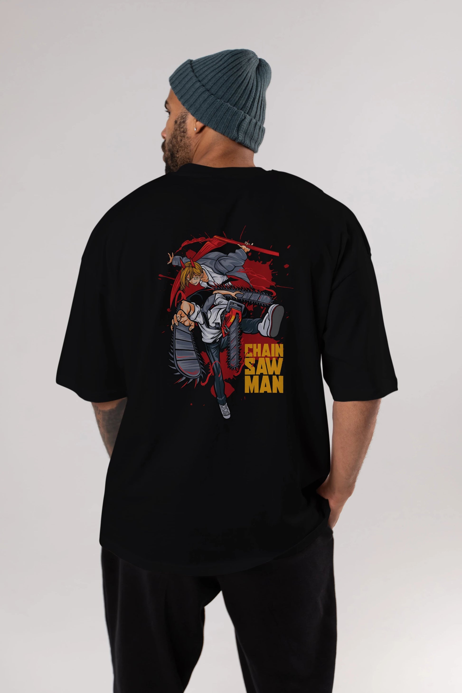 DENJI and POWER Anime Arka Baskılı Oversize t-shirt Erkek Kadın Unisex