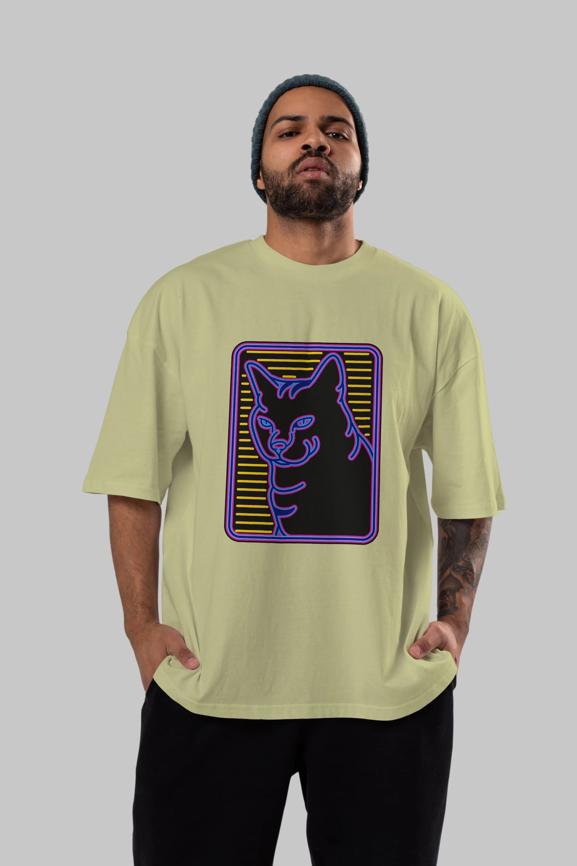 Neon Cat Ön Baskılı Oversize t-shirt Erkek Kadın Unisex