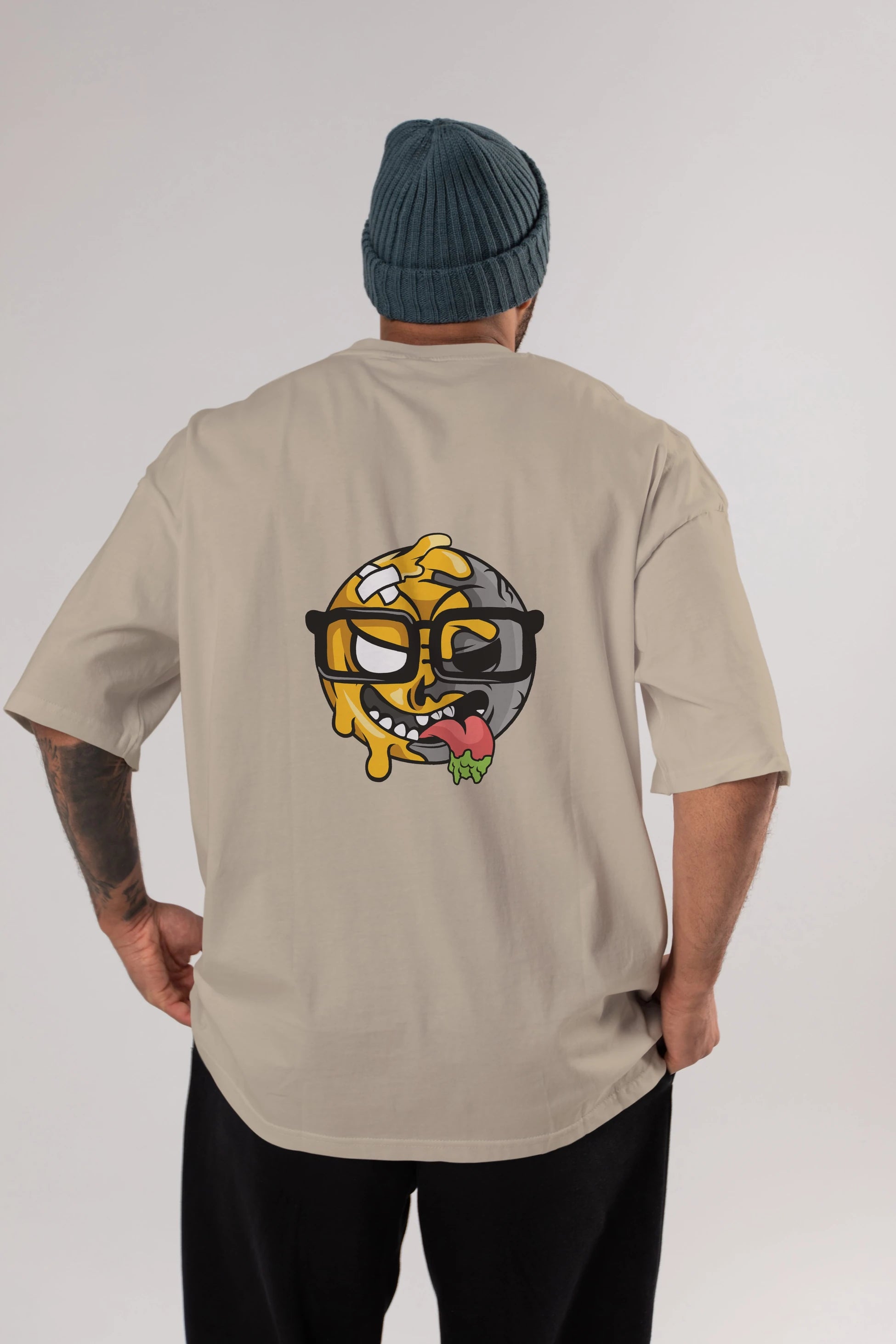 Smiley Nerd Arka Baskılı Oversize t-shirt Erkek Kadın Unisex %100 Pamuk tişort