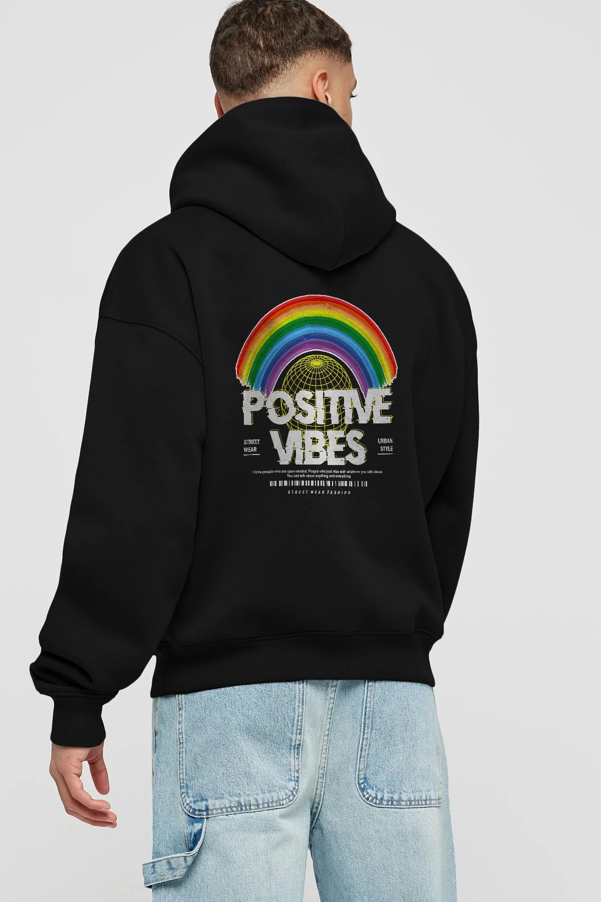 Positive Vibes Arka Baskılı Hoodie Oversize Kapüşonlu Sweatshirt Erkek Kadın Unisex
