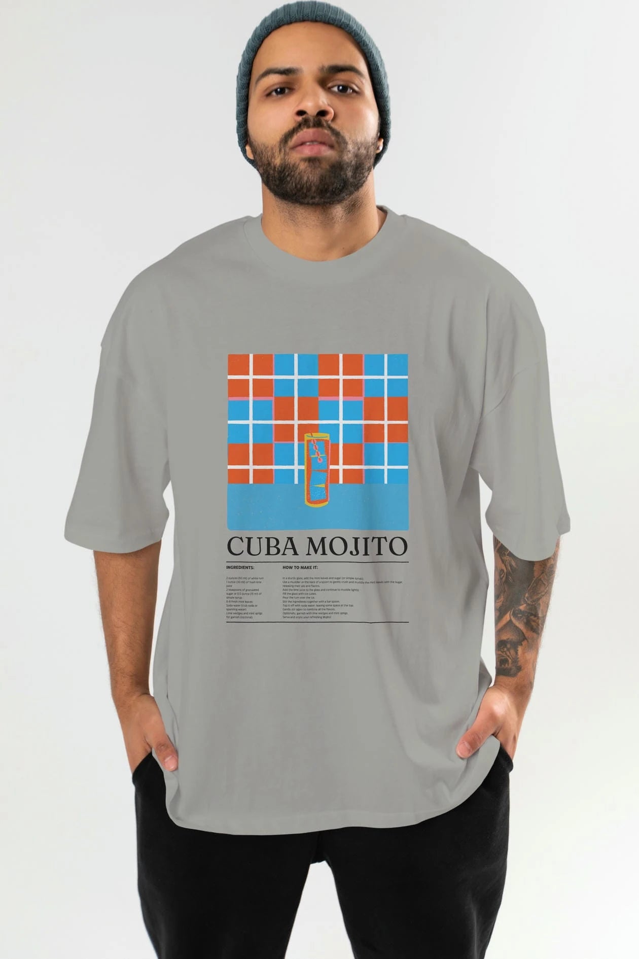 Cuba Mojito Kokteyl Ön Baskılı Oversize t-shirt Erkek Kadın %100 Pamuk Bisiklet Yaka tişort