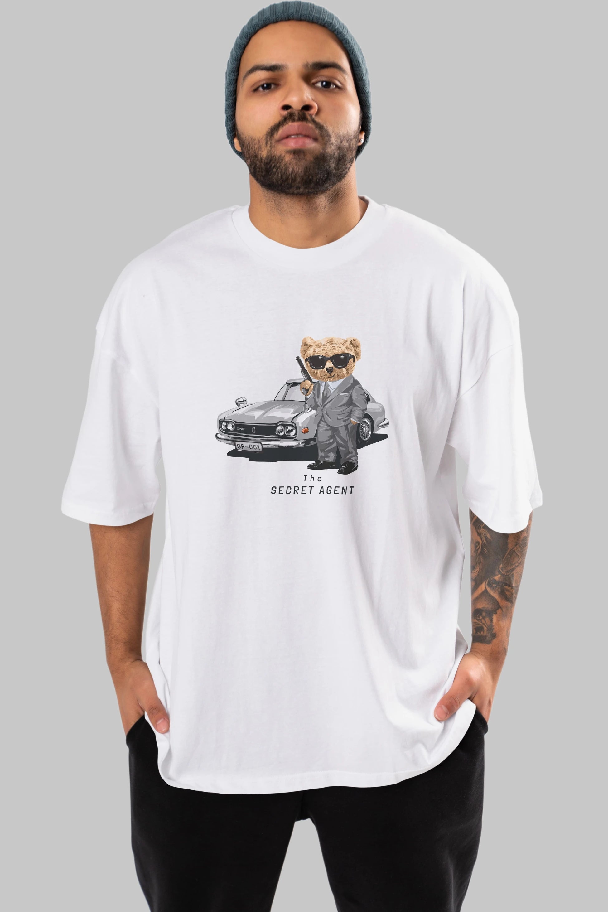 Teddy Bear The Secret Agent Ön Baskılı Oversize t-shirt Erkek Kadın Unisex %100 Pamuk