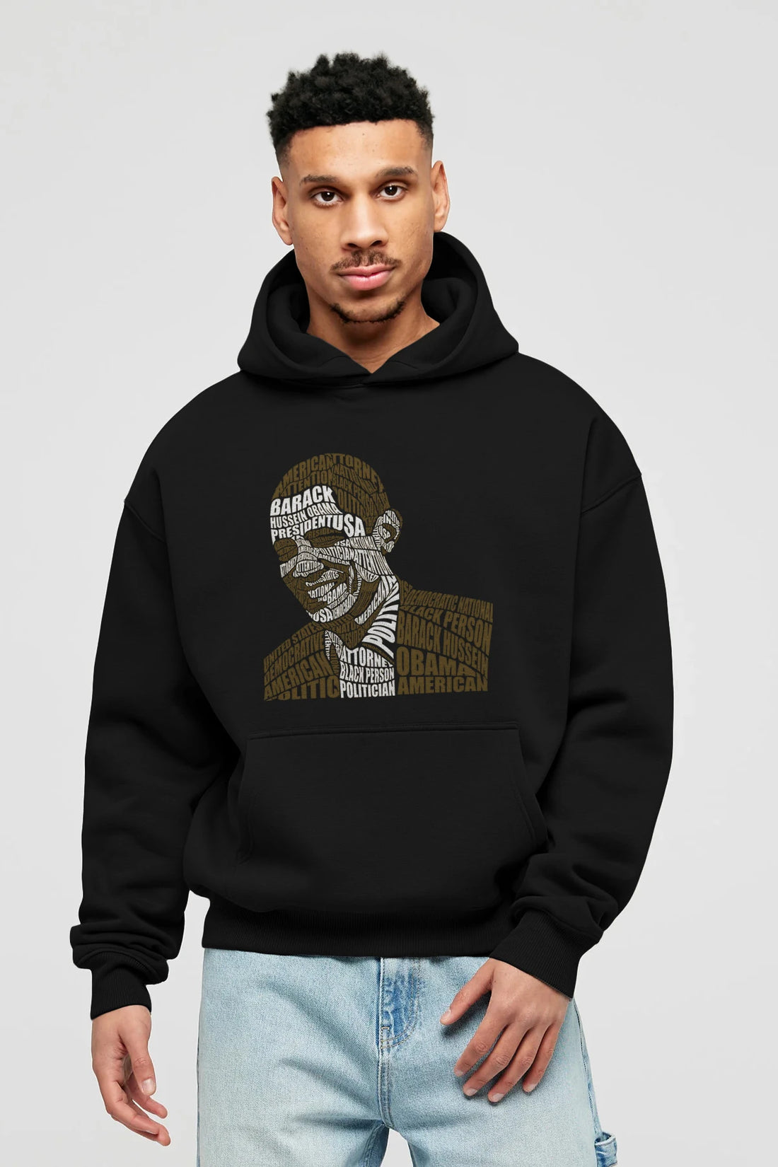 Obama Calligram Ön Baskılı Hoodie Oversize Kapüşonlu Sweatshirt Erkek Kadın Unisex