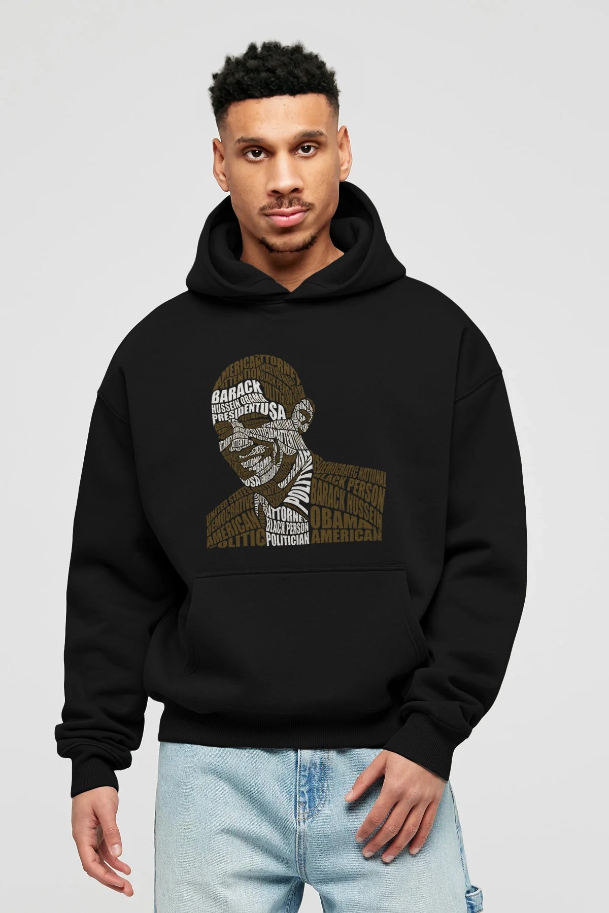 Obama Calligram Ön Baskılı Hoodie Oversize Kapüşonlu Sweatshirt Erkek Kadın Unisex