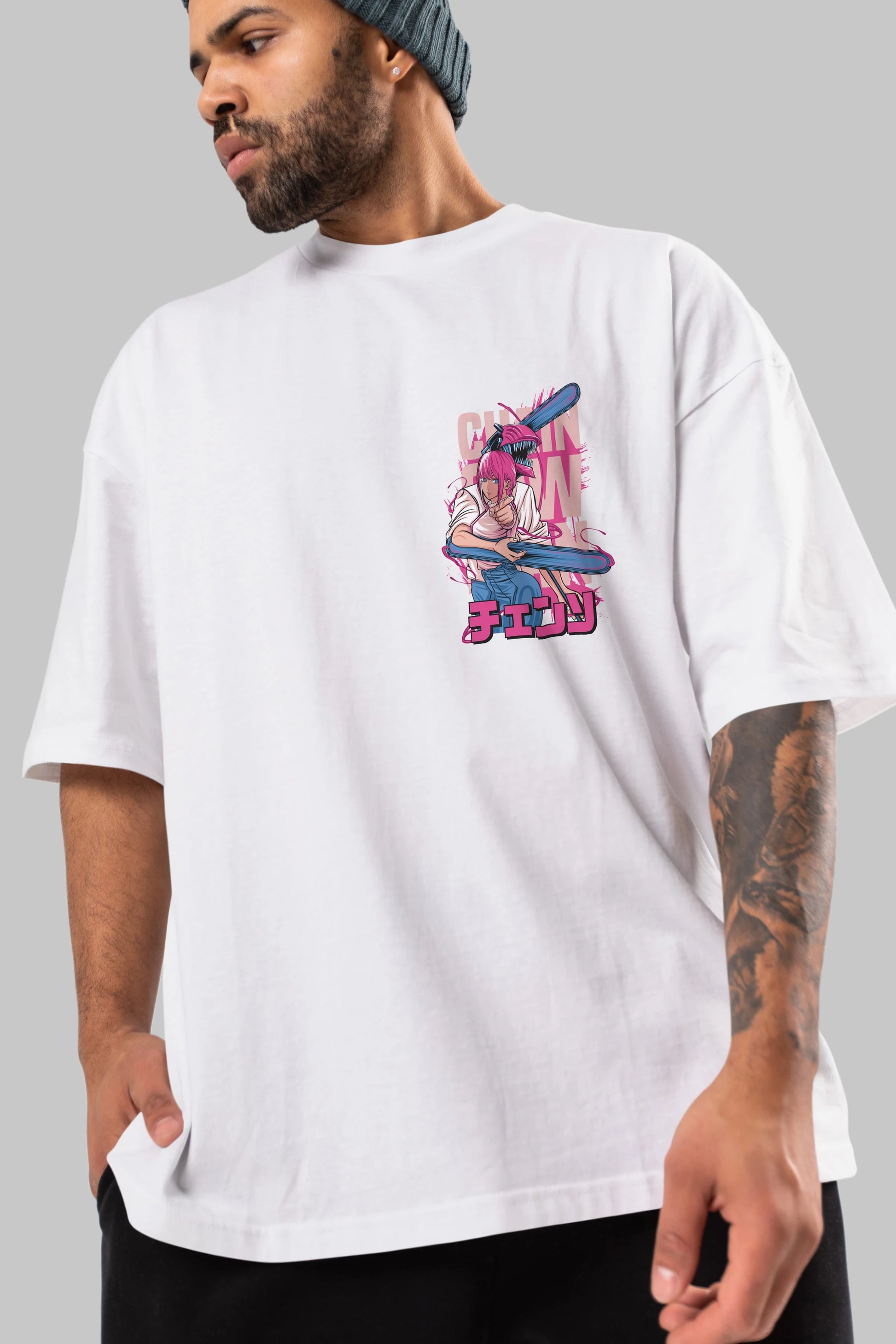 DENJI and MAKIMA Ön Sol Baskılı Oversize t-shirt Erkek Kadın Unisex %100 Pamuk Bisiklet Yaka tişort