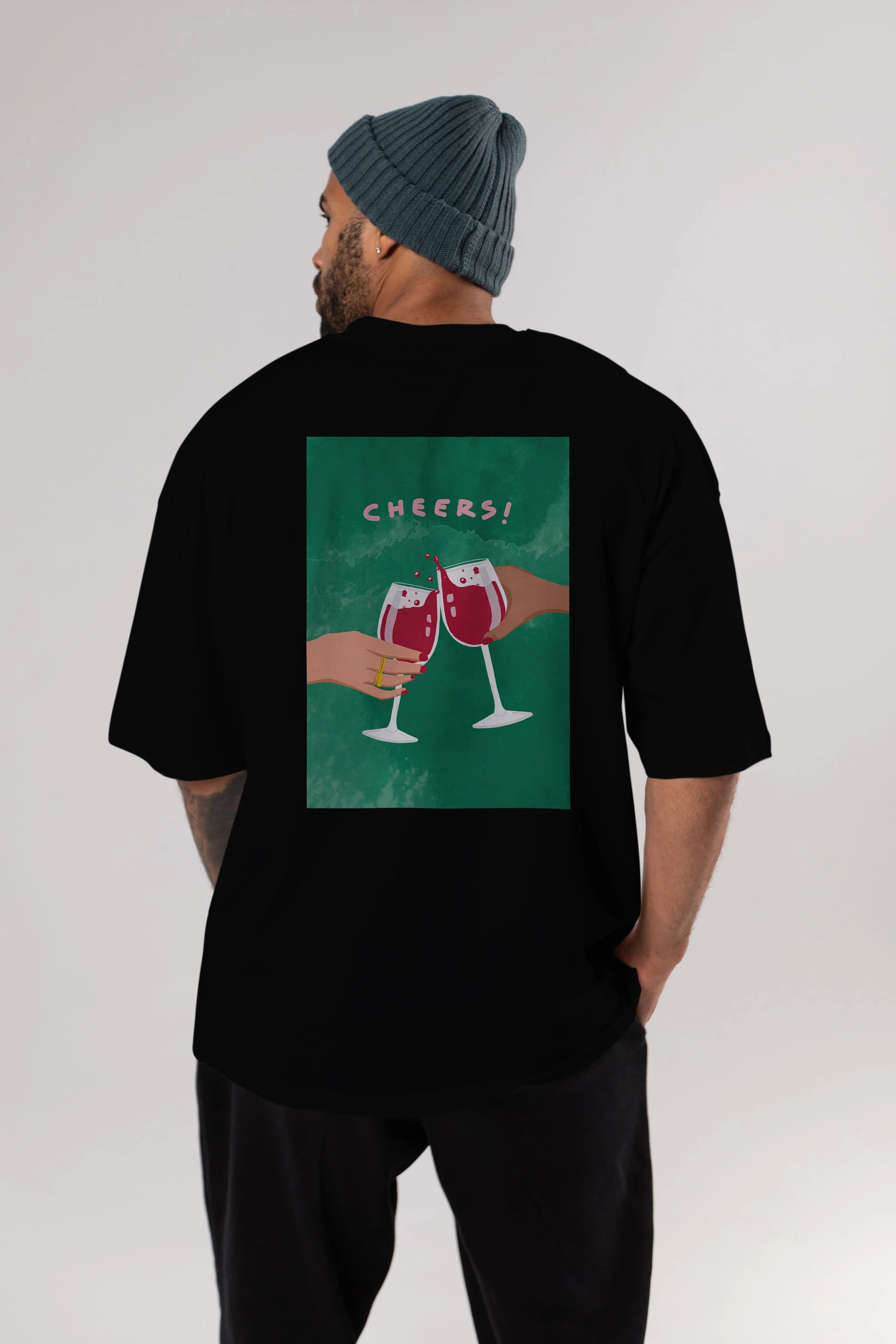 Cheers Arka Baskılı Oversize t-shirt Erkek Kadın Unisex %100 Pamuk Bisiklet Yaka tişort