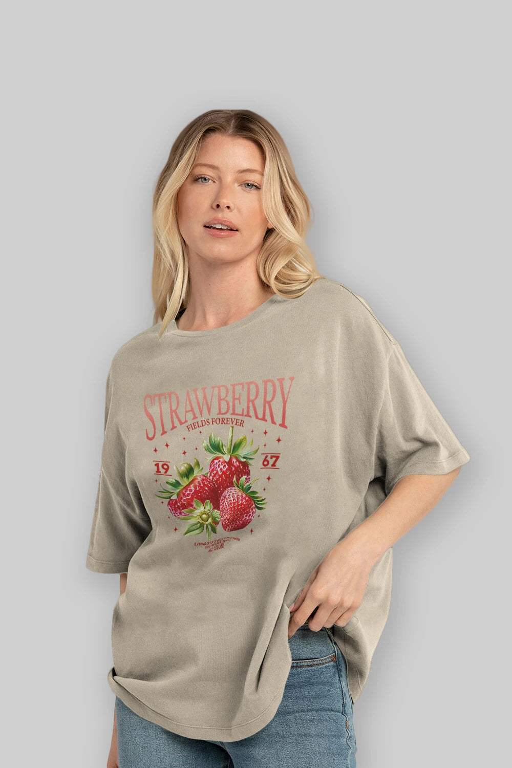 Strawberry Ön Baskılı Oversize t-shirt Erkek Kadın Pamuk Bisiklet Yaka tişort