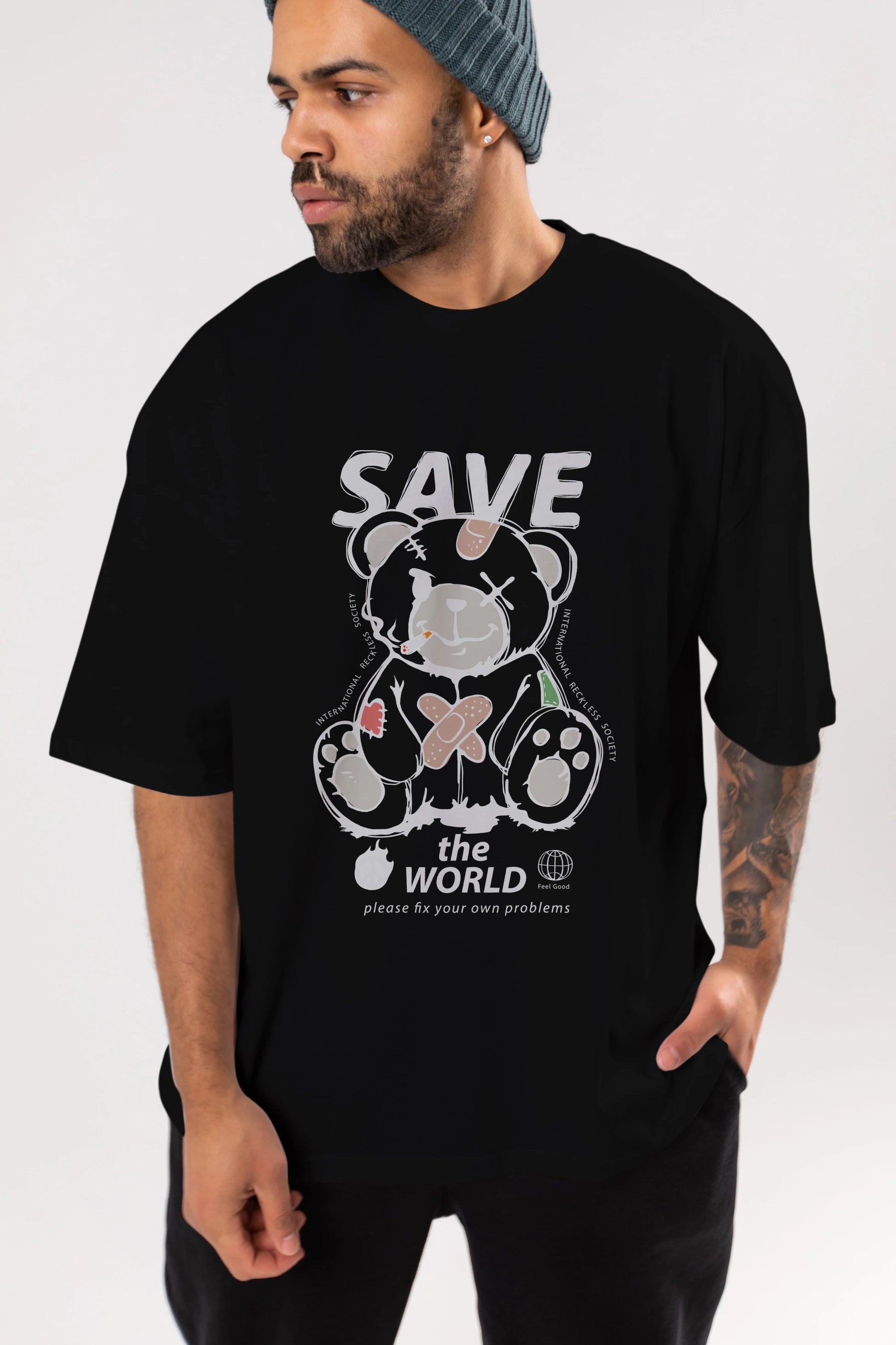 Save the World Bear Ön Baskılı Oversize t-shirt Erkek Kadın Unisex