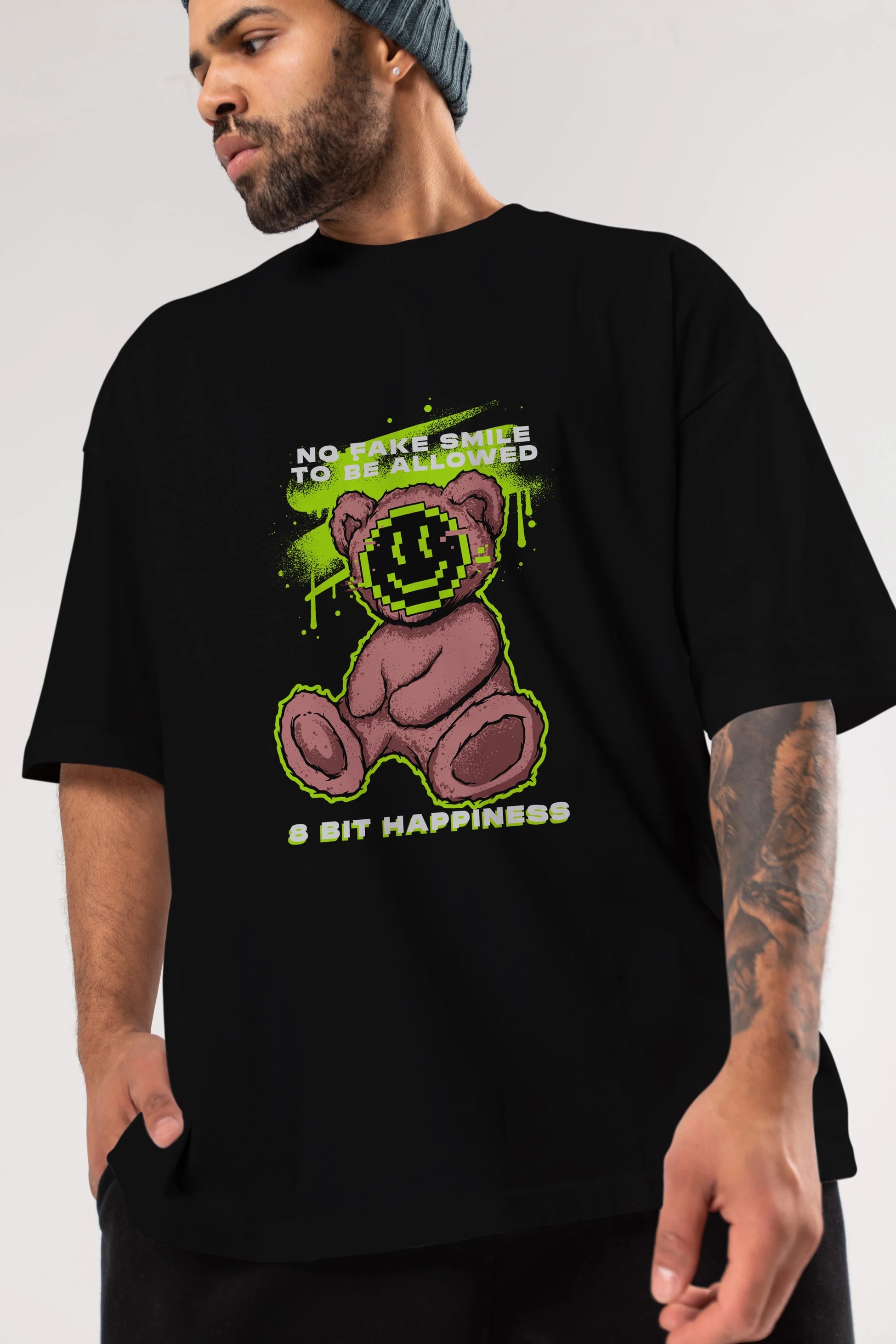 No Fake Smile Bear Ön Baskılı Oversize t-shirt Erkek Kadın Unisex