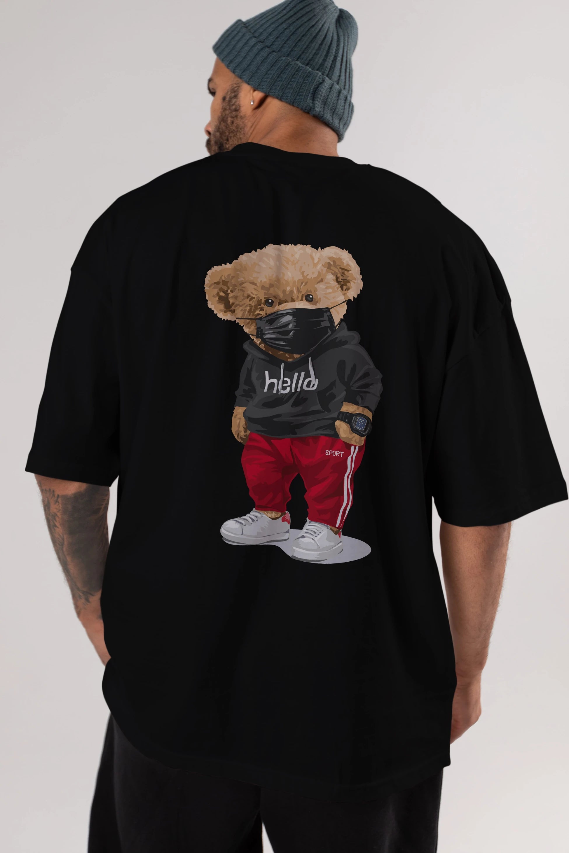 Teddy Bear Hello Sport Arka Baskılı Oversize t-shirt Erkek Kadın Unisex %100 Pamuk