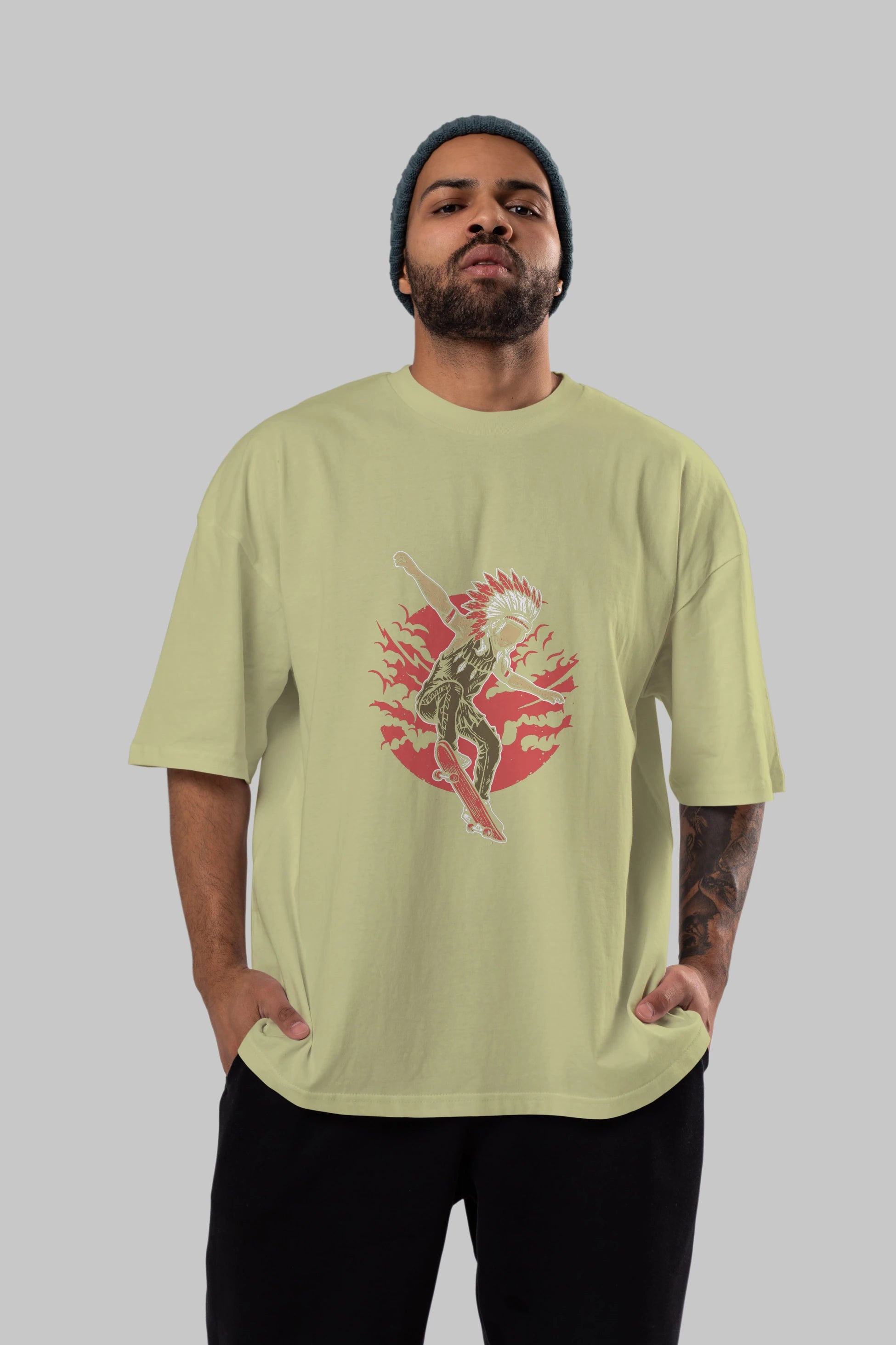 Indian Chief Skateboard Ön Baskılı Oversize t-shirt Erkek Kadın Unisex %100 Pamuk tişort