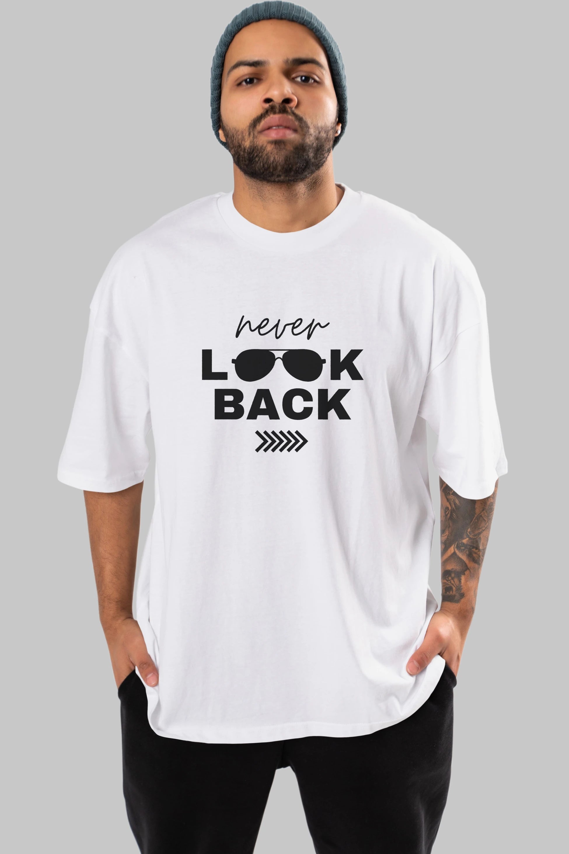 Never Look Back Yazılı Ön Baskılı Oversize t-shirt Erkek Kadın Unisex