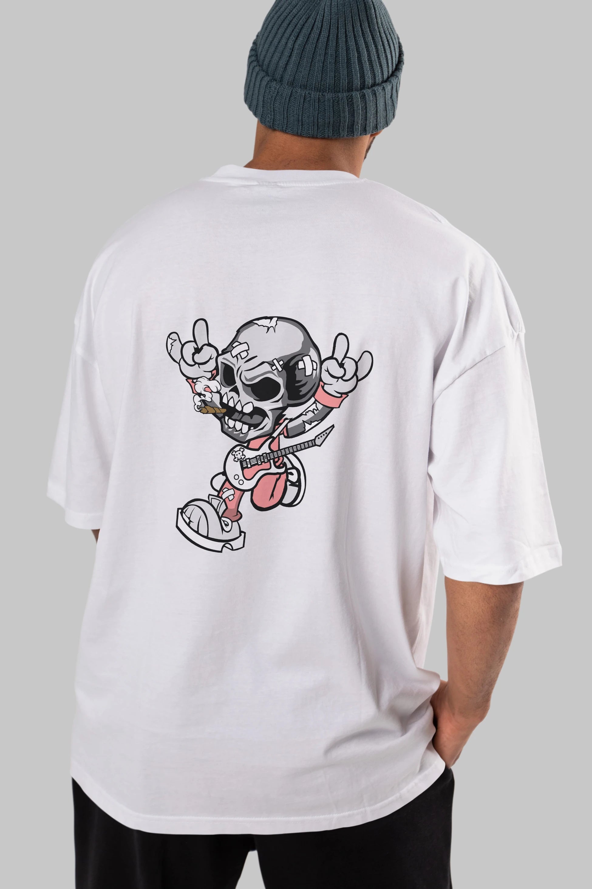 Skull Metal Sign Arka Baskılı Oversize t-shirt Erkek Kadın Unisex %100 Pamuk tişort