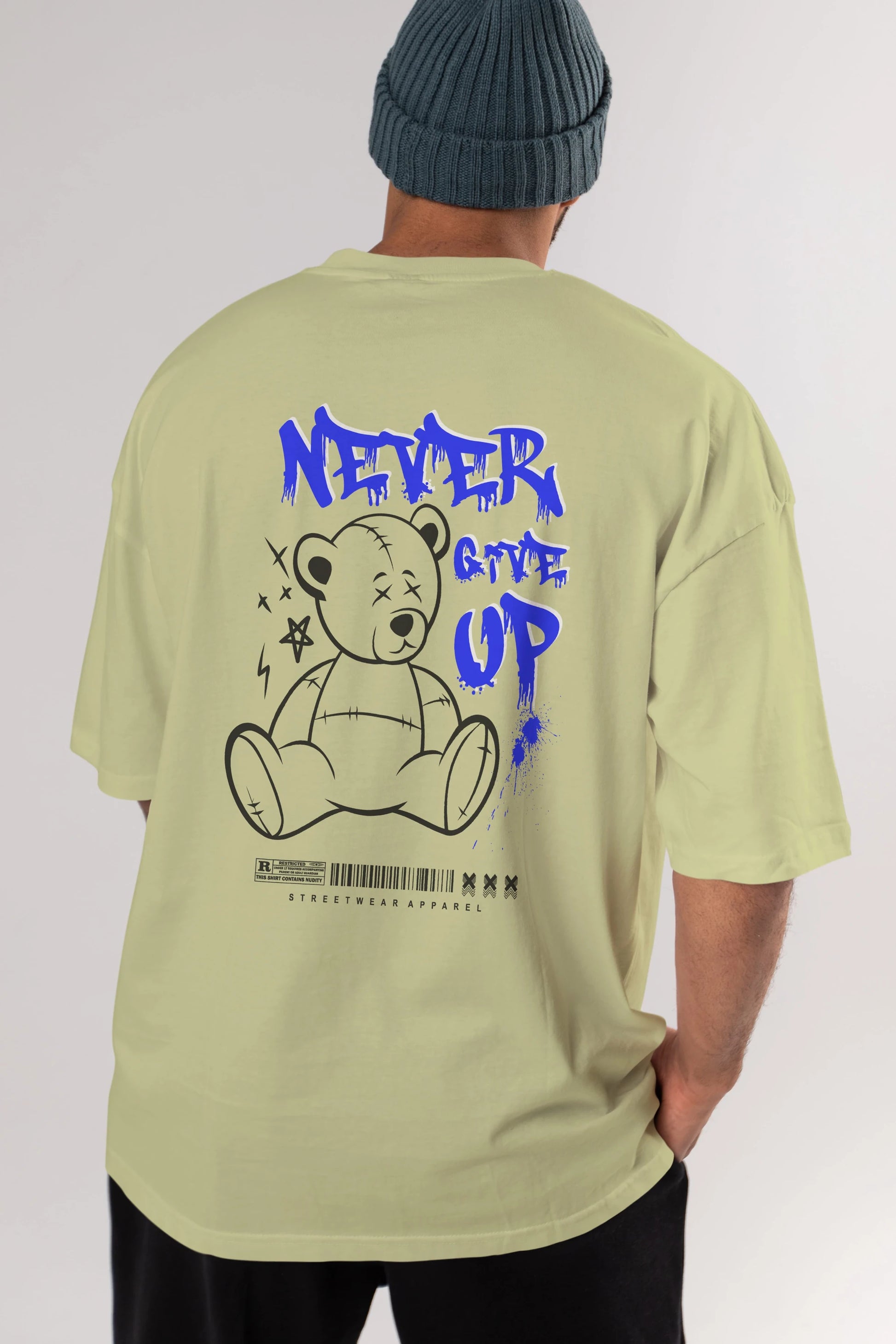 Teddy Bear Never Give Up Arka Baskılı Oversize t-shirt Erkek Kadın Unisex