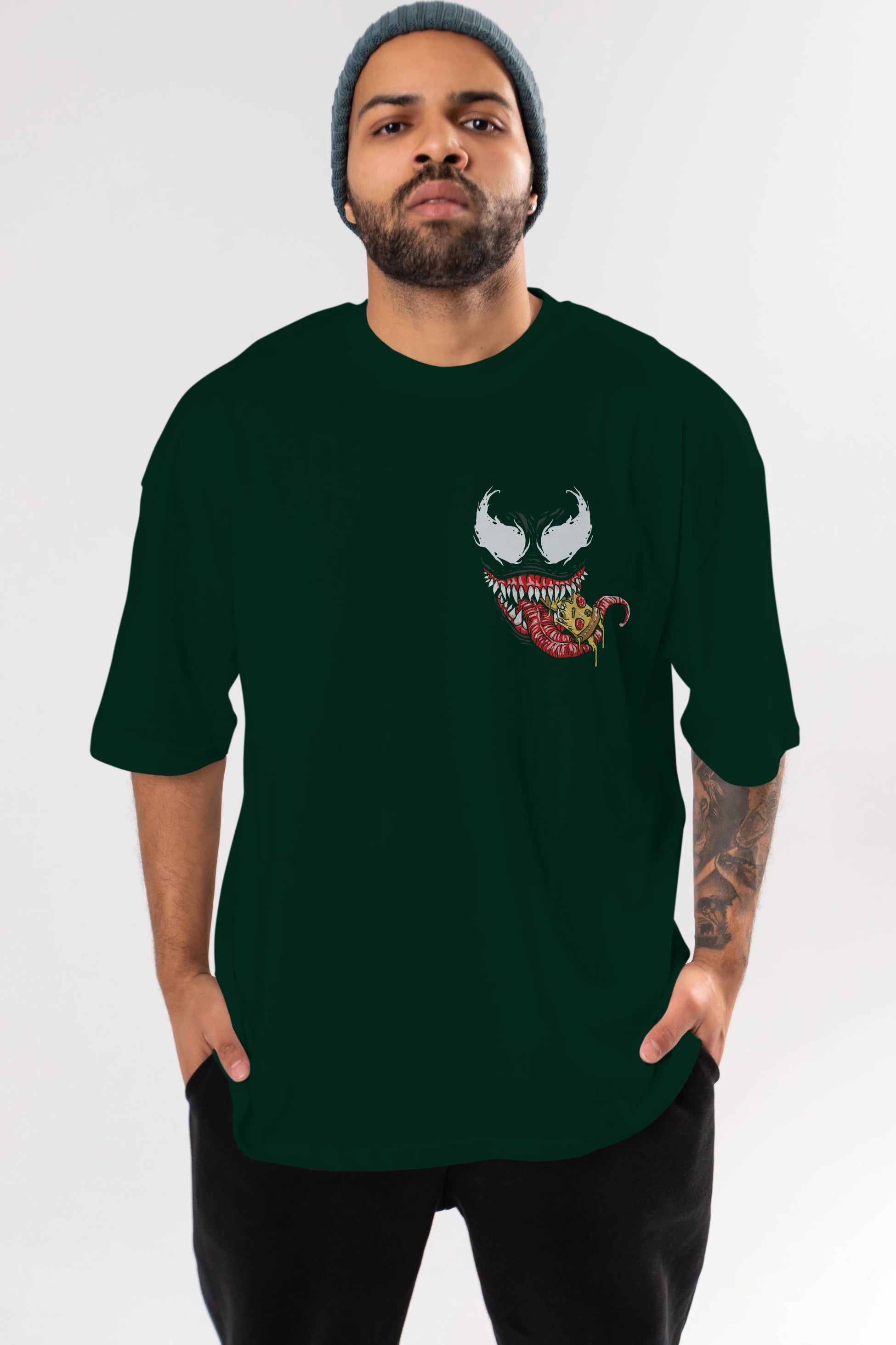 Venom (1) Ön Sol Baskılı Oversize t-shirt Erkek Kadın Unisex %100 Pamuk Bisiklet Yaka tişort
