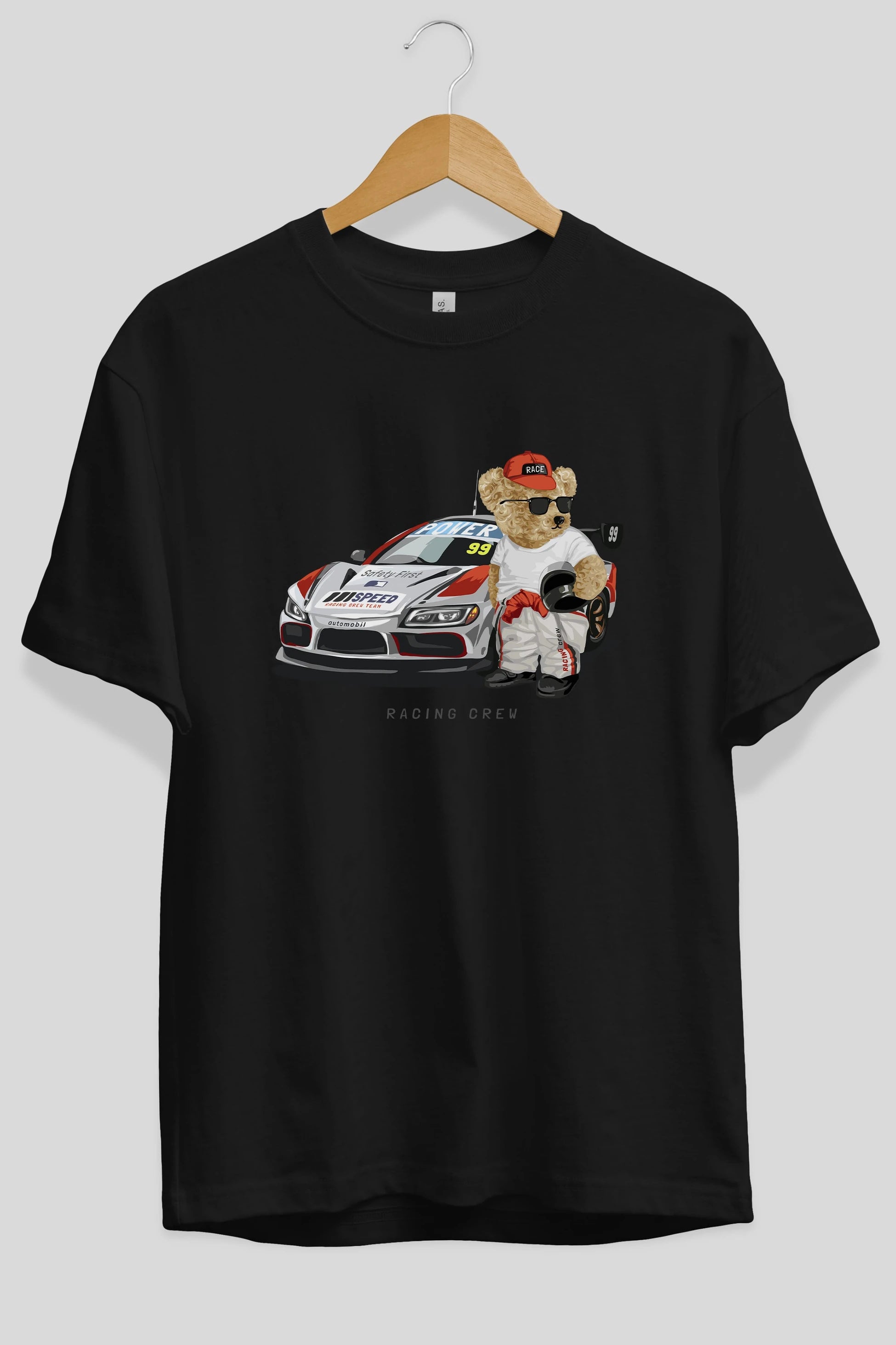 Teddy Bear Racing Crew Ön Baskılı Oversize t-shirt Erkek Kadın Unisex %100 Pamuk