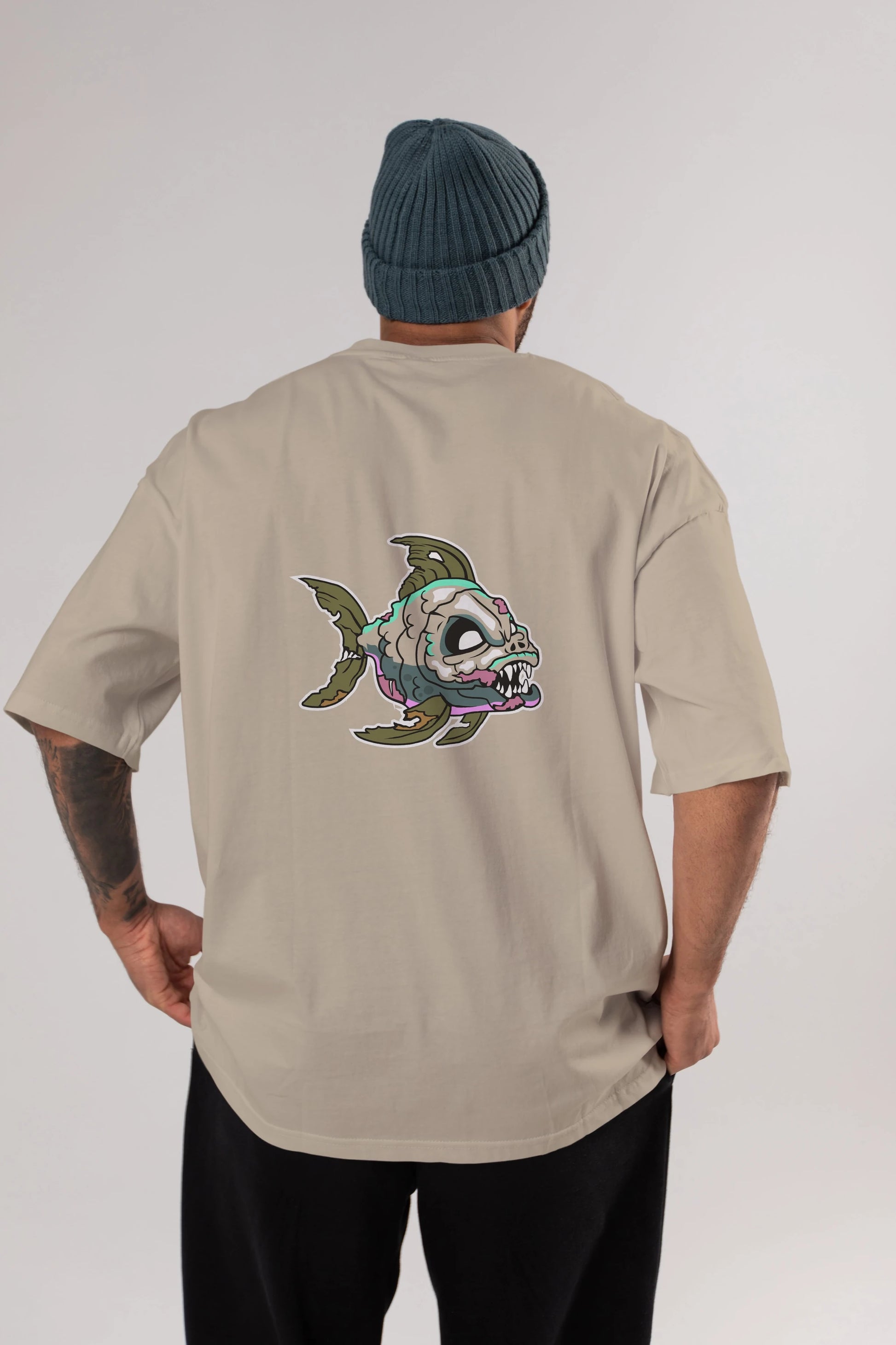 Fish Monster Arka Baskılı Oversize t-shirt Erkek Kadın Unisex %100 Pamuk tişort