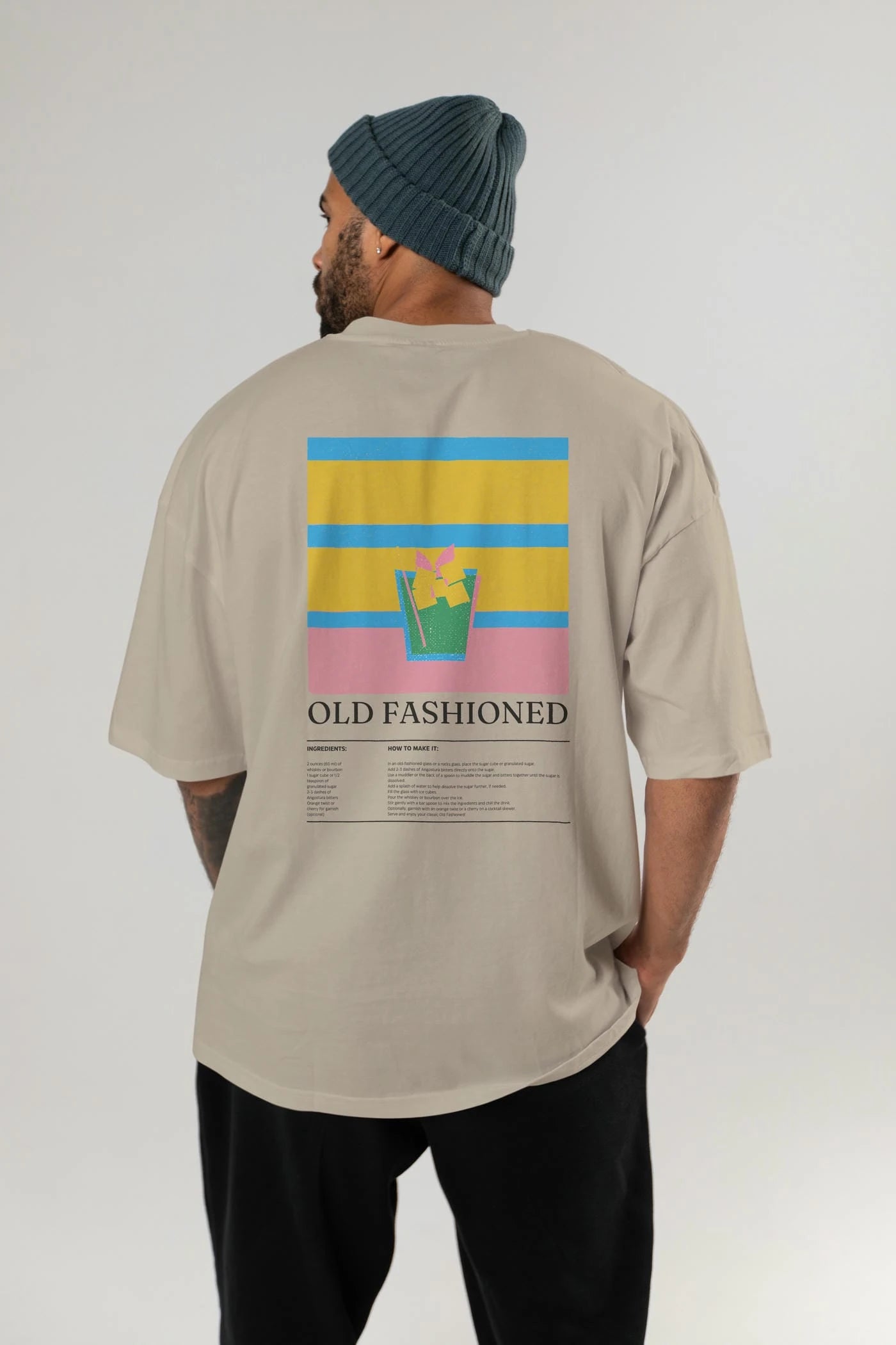 Old Fashioned Kokteyl Serisi Arka Baskılı Oversize t-shirt Erkek Kadın %100 Pamuk Bisiklet Yaka tişort