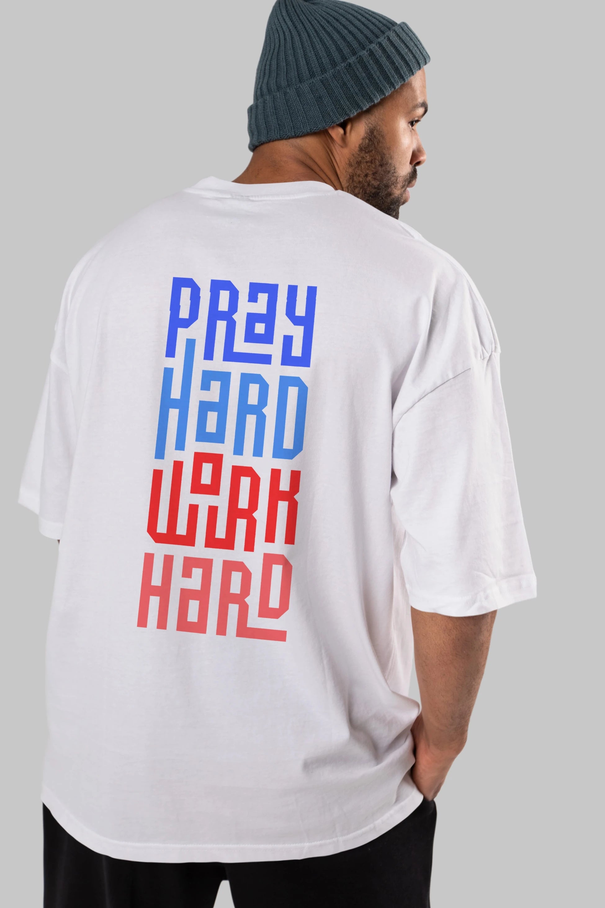 Pray Hard Work Hard Yazılı Arka Baskılı Oversize t-shirt Erkek Kadın Unisex