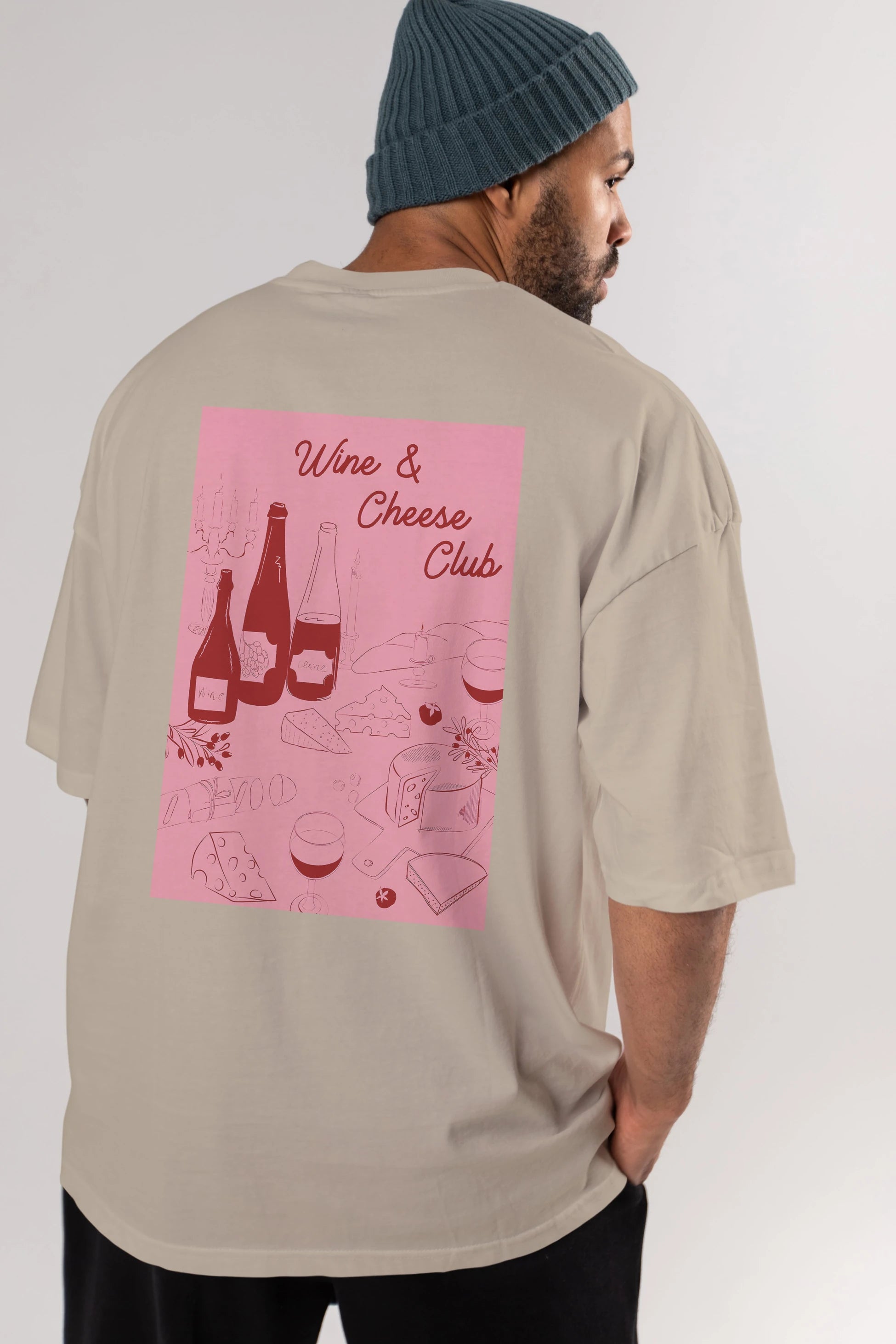 Wine Cheese Club Arka Baskılı Oversize t-shirt Erkek Kadın Unisex %100 Pamuk Bisiklet Yaka tişort