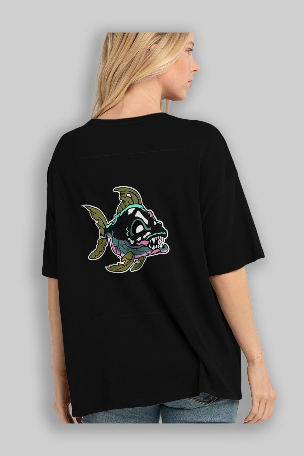 Fish Monster Arka Baskılı Oversize t-shirt Erkek Kadın Unisex %100 Pamuk tişort
