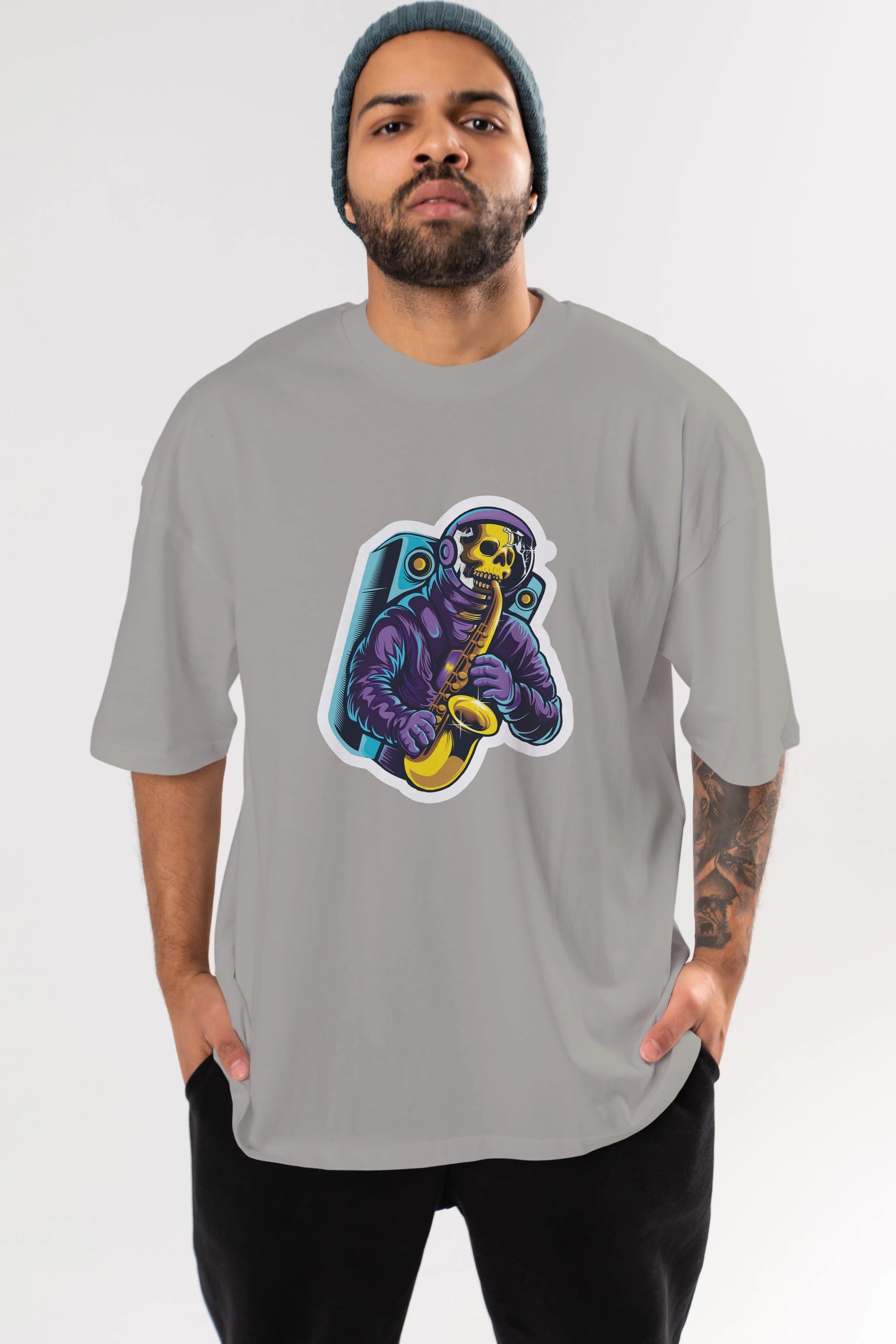 Astroskull Saxophonist Sticker Ön Baskılı Oversize t-shirt Erkek Kadın Unisex