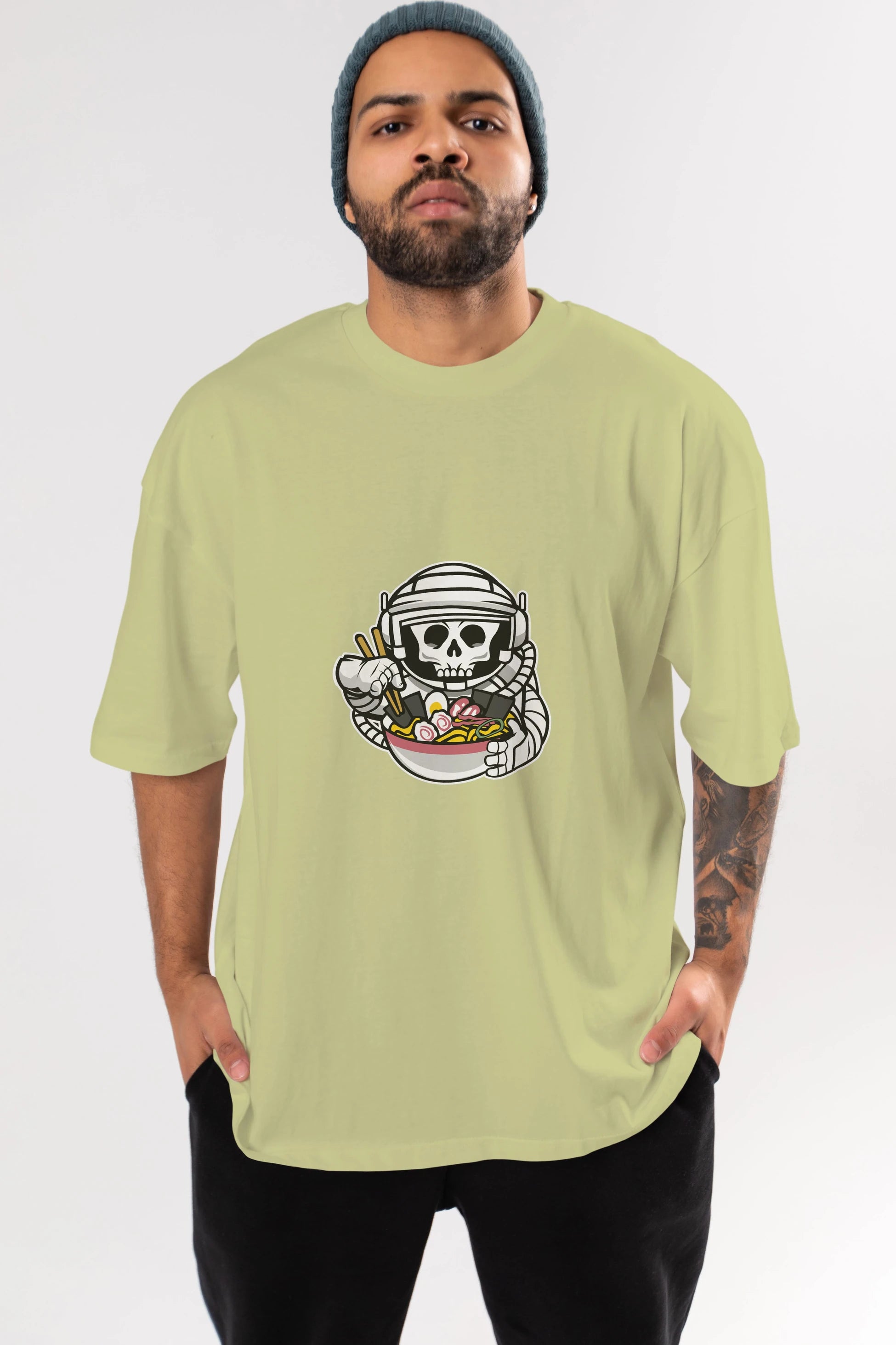Astronaut Ramen Ön Baskılı Oversize t-shirt Erkek Kadın Unisex %100 Pamuk tişort
