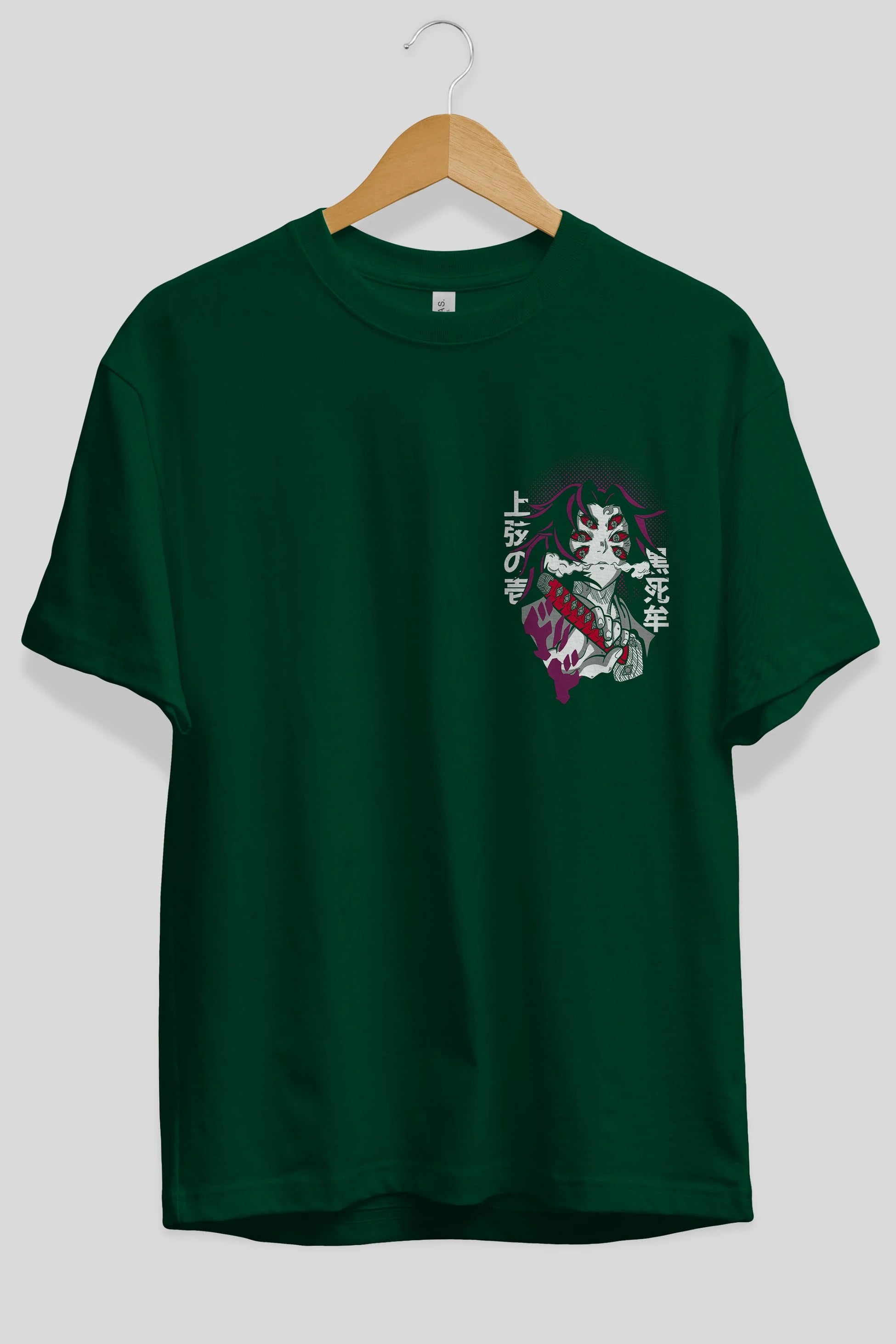 Kokushibo Ön Sol Baskılı Oversize t-shirt Erkek Kadın Unisex %100 Pamuk Bisiklet Yaka tişort