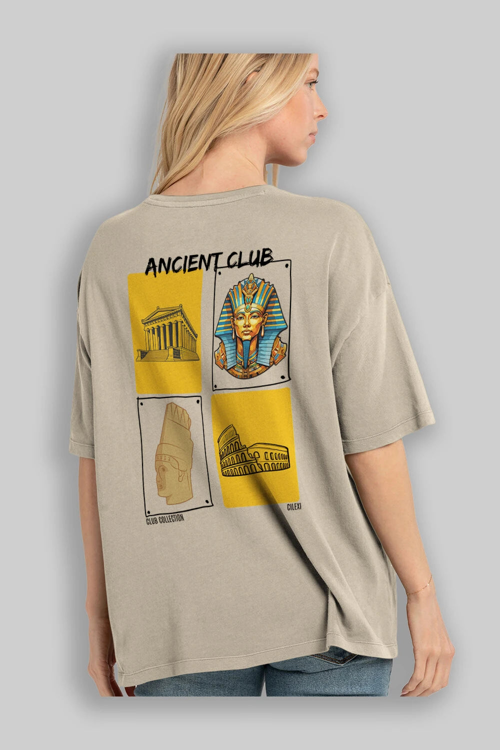 Ancient Club Arka Baskılı Oversize t-shirt Erkek Kadın %100 Pamuk Bisiklet Yaka tişort