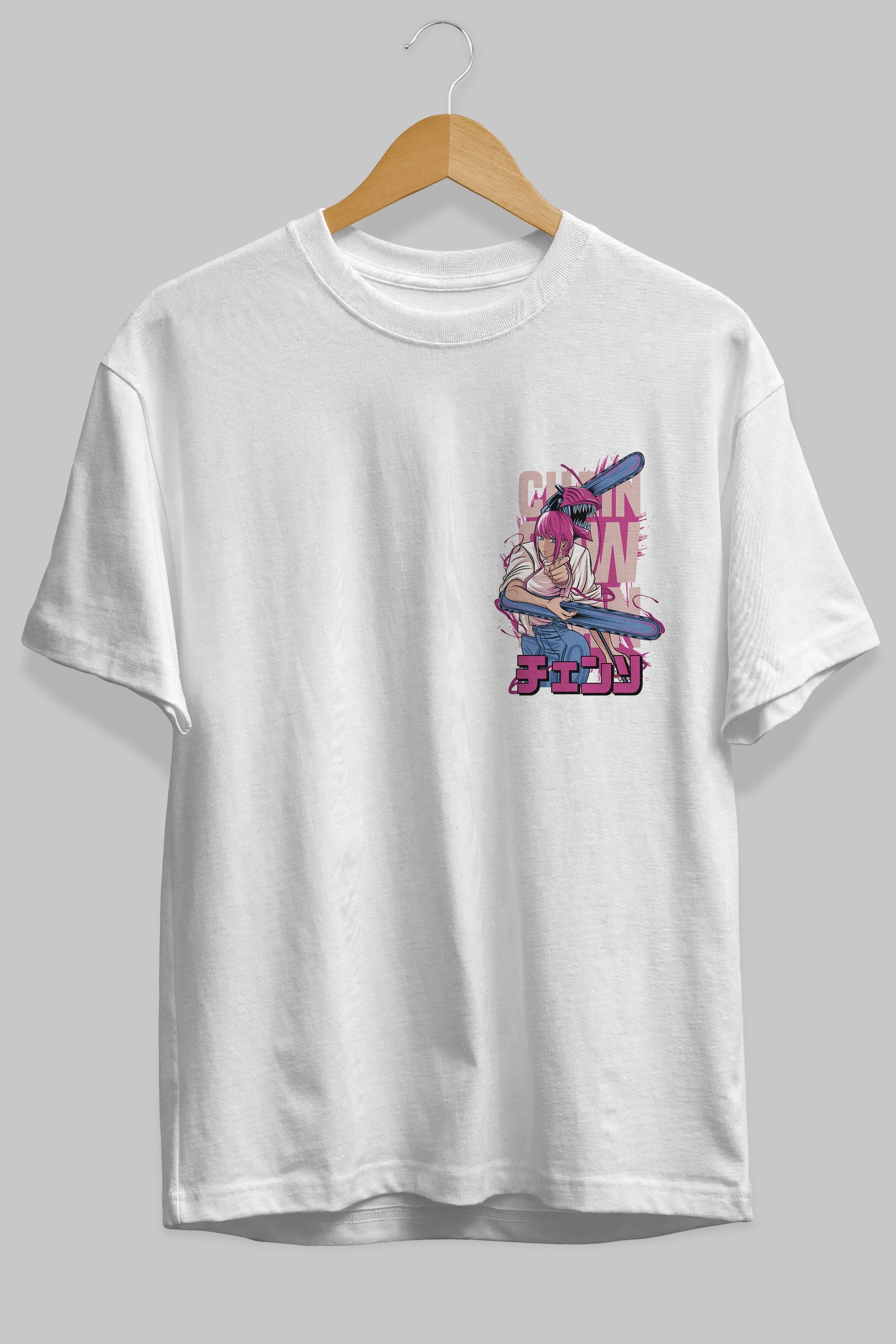 DENJI and MAKIMA Ön Sol Baskılı Oversize t-shirt Erkek Kadın Unisex %100 Pamuk Bisiklet Yaka tişort