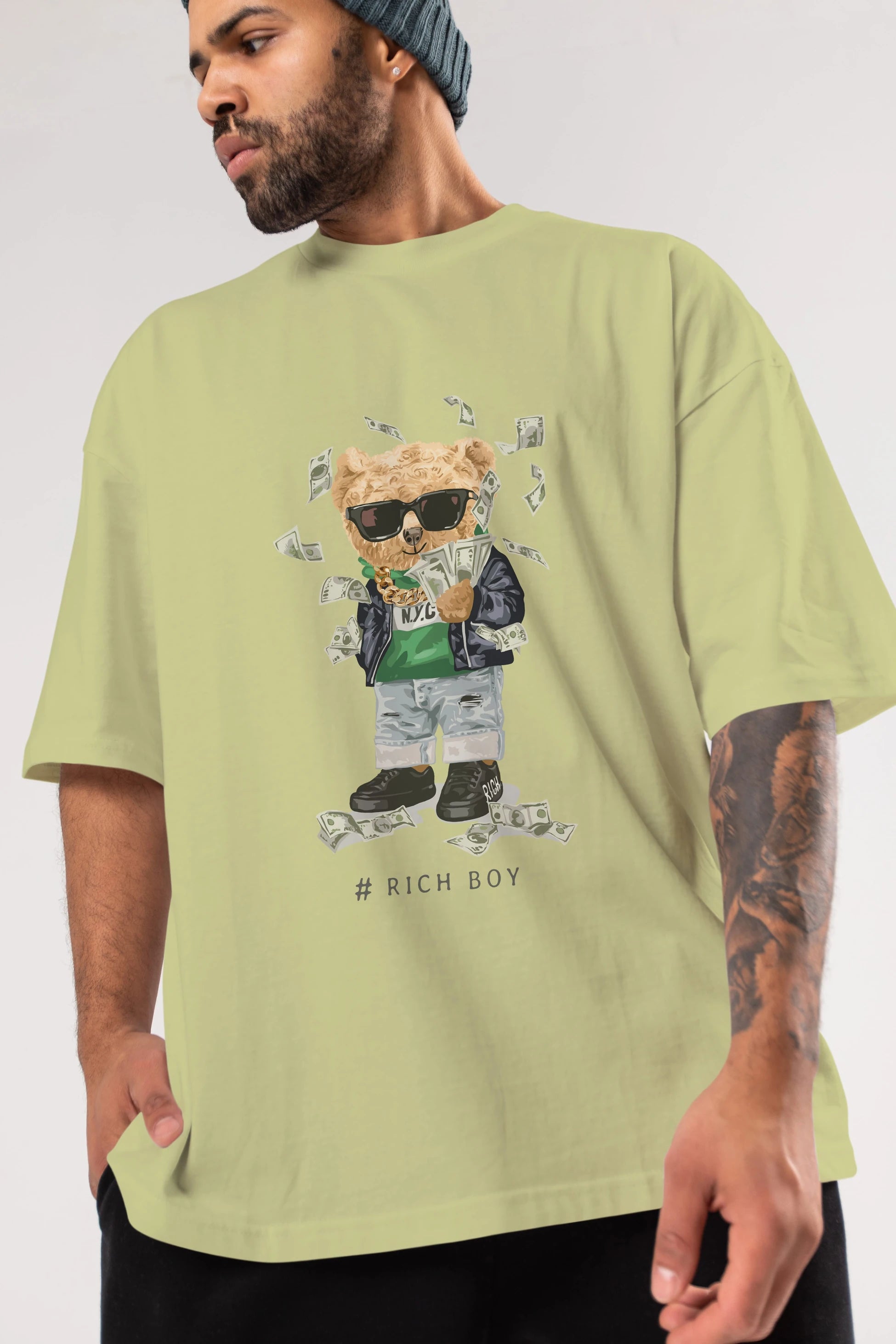 Teddy Bear Rich Boy Ön Baskılı Oversize t-shirt Erkek Kadın Unisex %100 Pamuk
