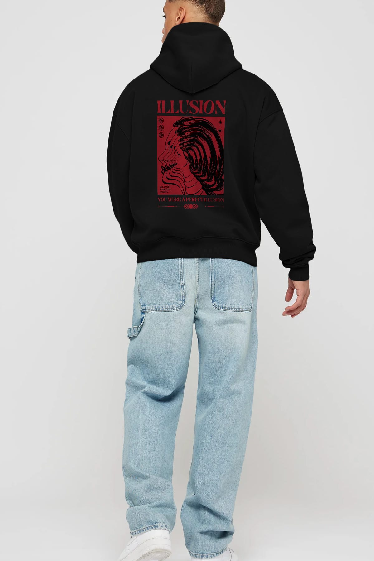 Illusion Streetwear Arka Baskılı Oversize Hoodie Kapüşonlu Sweatshirt Erkek Kadın Unisex