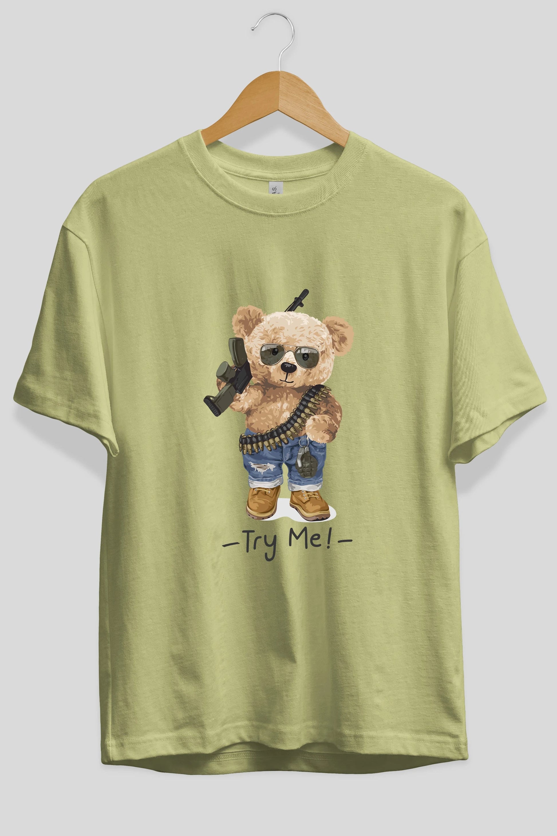 Teddy Bear Try Me Ön Baskılı Oversize t-shirt Erkek Kadın Unisex %100 Pamuk