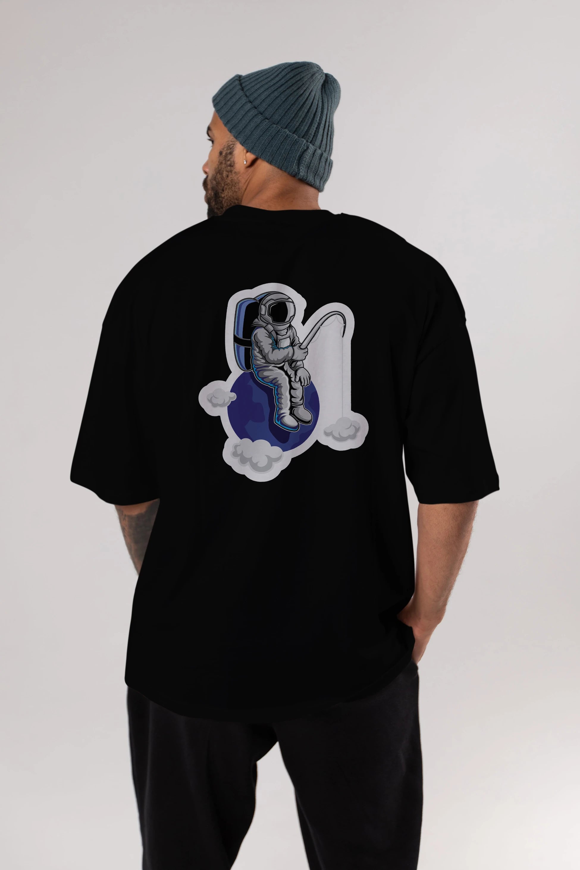 Astronaut Fishing Sticker Arka Baskılı Oversize t-shirt Erkek Kadın Unisex