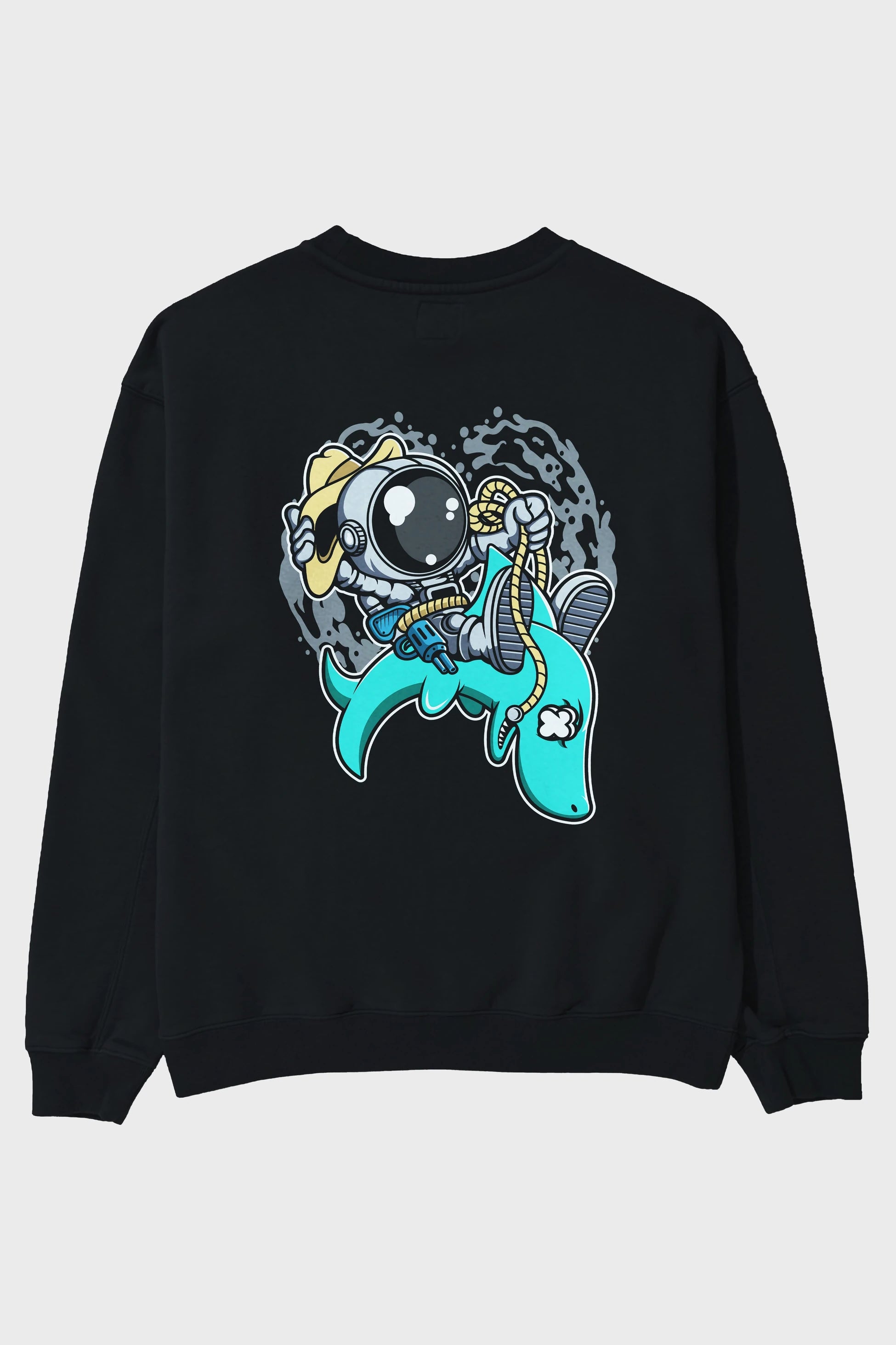 Astronaut Riding Shark Arka Baskılı Oversize Sweatshirt Erkek Kadın Unisex