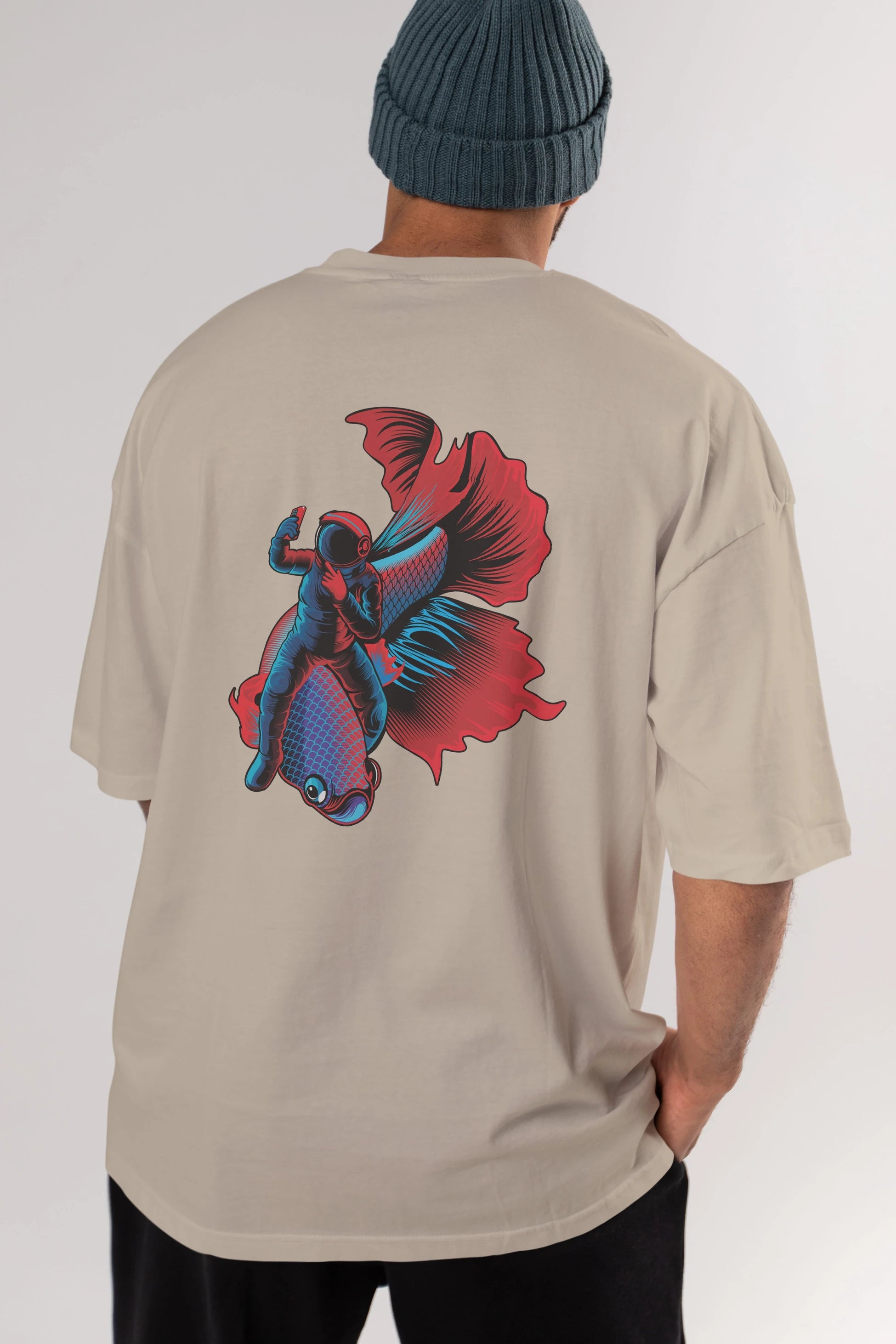 Astrofish selfie Arka Baskılı Oversize t-shirt Erkek Kadın Unisex