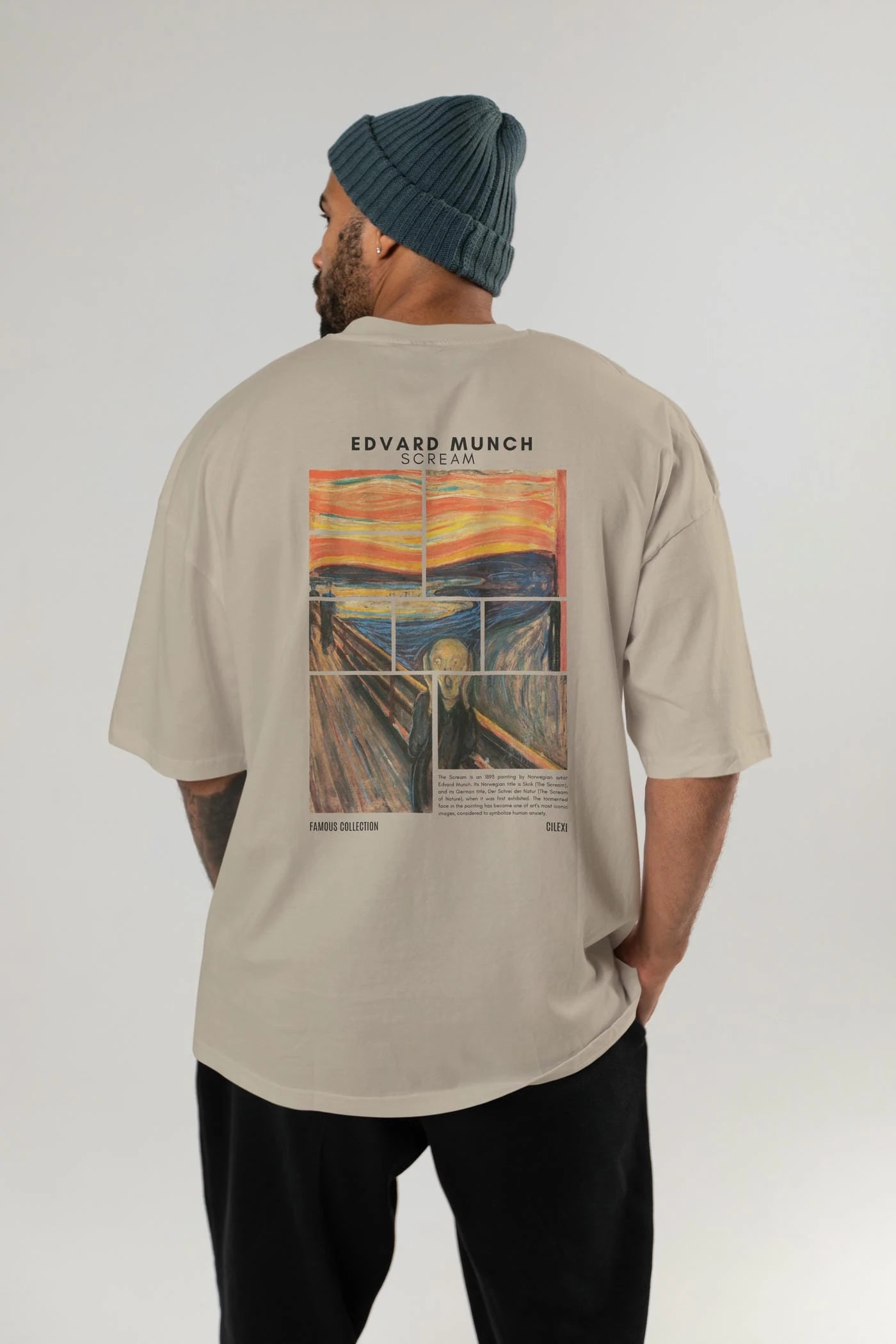 Edvard Munch Scream Arka Baskılı Oversize t-shirt Erkek Kadın Bisiklet Yaka Pamuk tişort