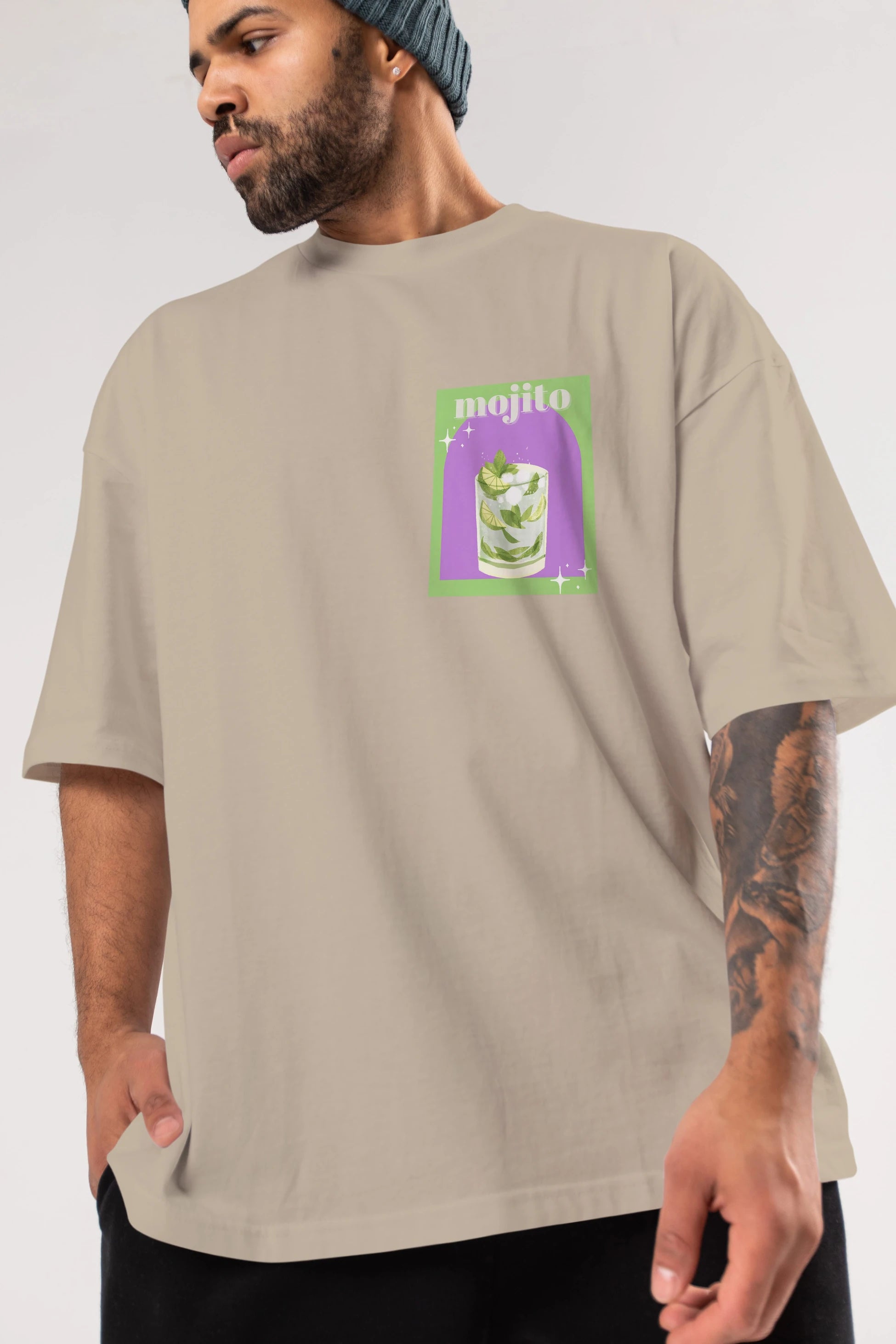 Mojito 3 Ön Sol Baskılı Oversize t-shirt Erkek Kadın Unisex %100 Pamuk Bisiklet Yaka tişort