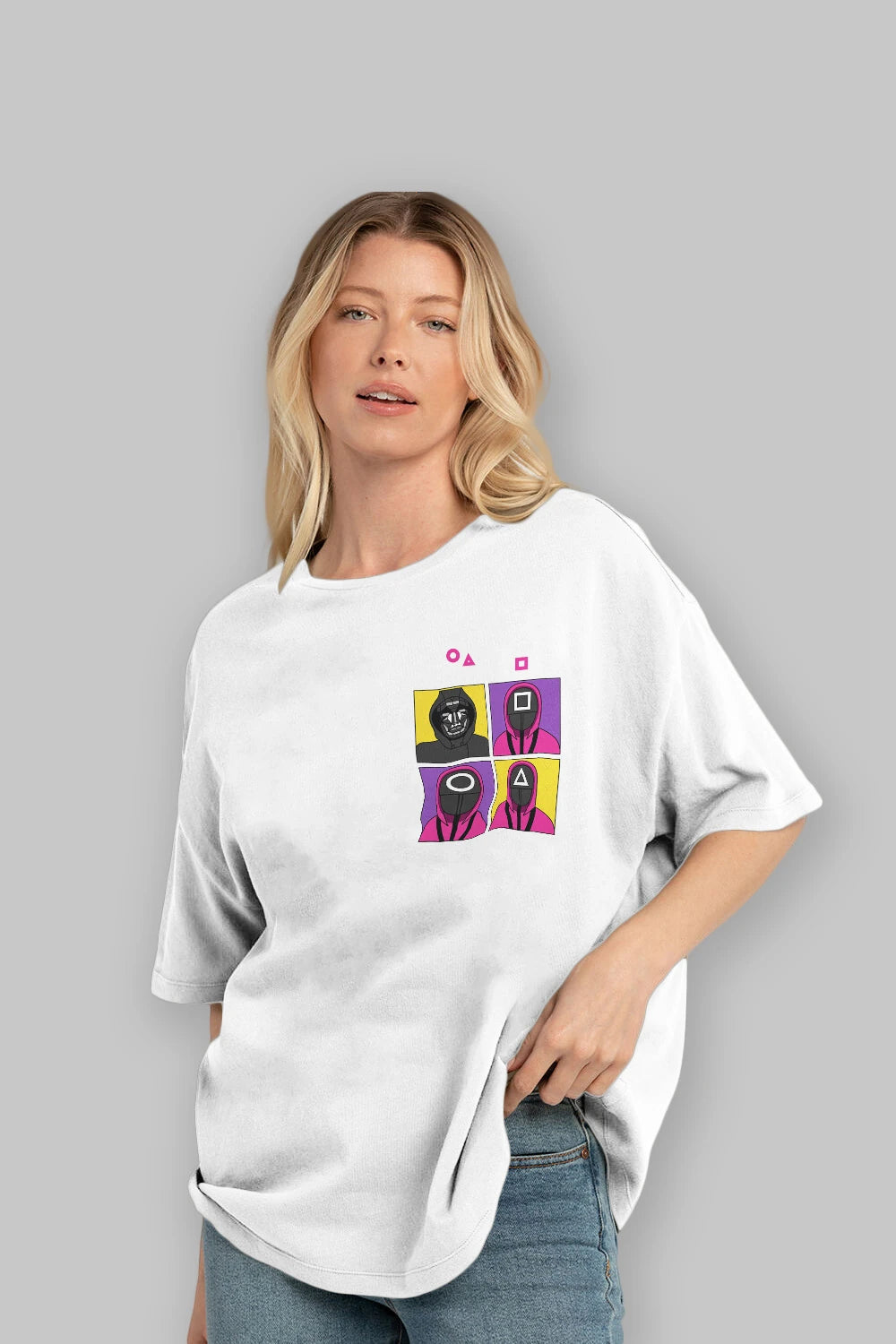 Squid Game (1) Ön Sol Baskılı Oversize t-shirt Erkek Kadın Unisex %100 Pamuk Bisiklet Yaka tişort